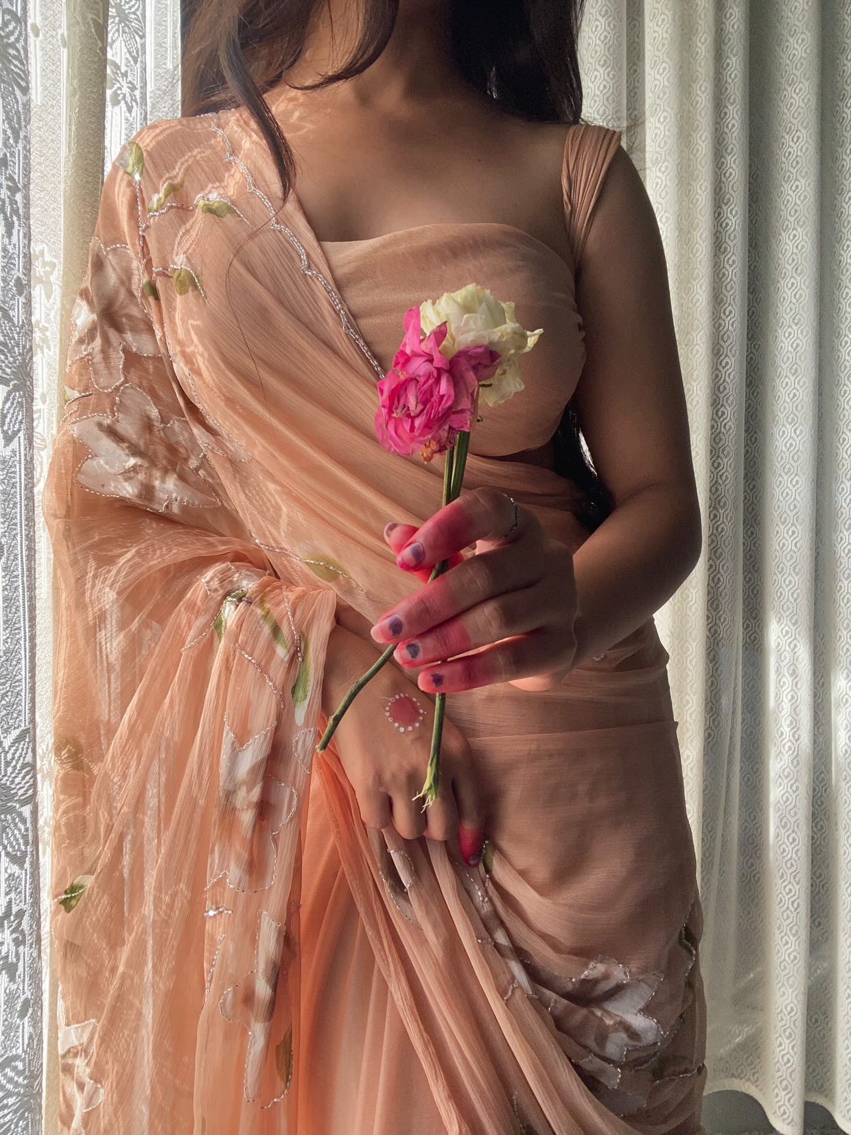 Almond Woody Hand Painted Chiffon Saree with Cut Dana Detailing