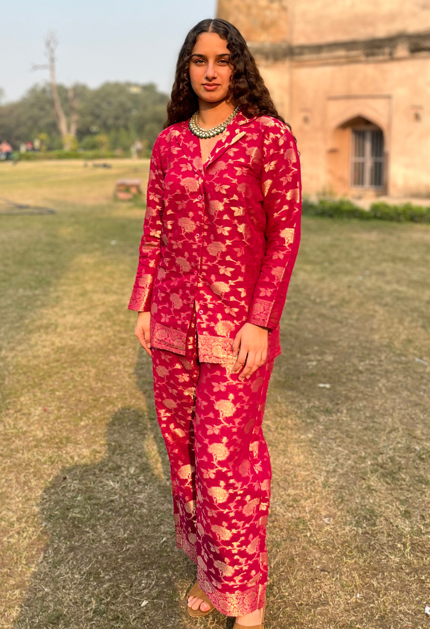 Hot Pink Banarasi Chiffon Co-Ord Set