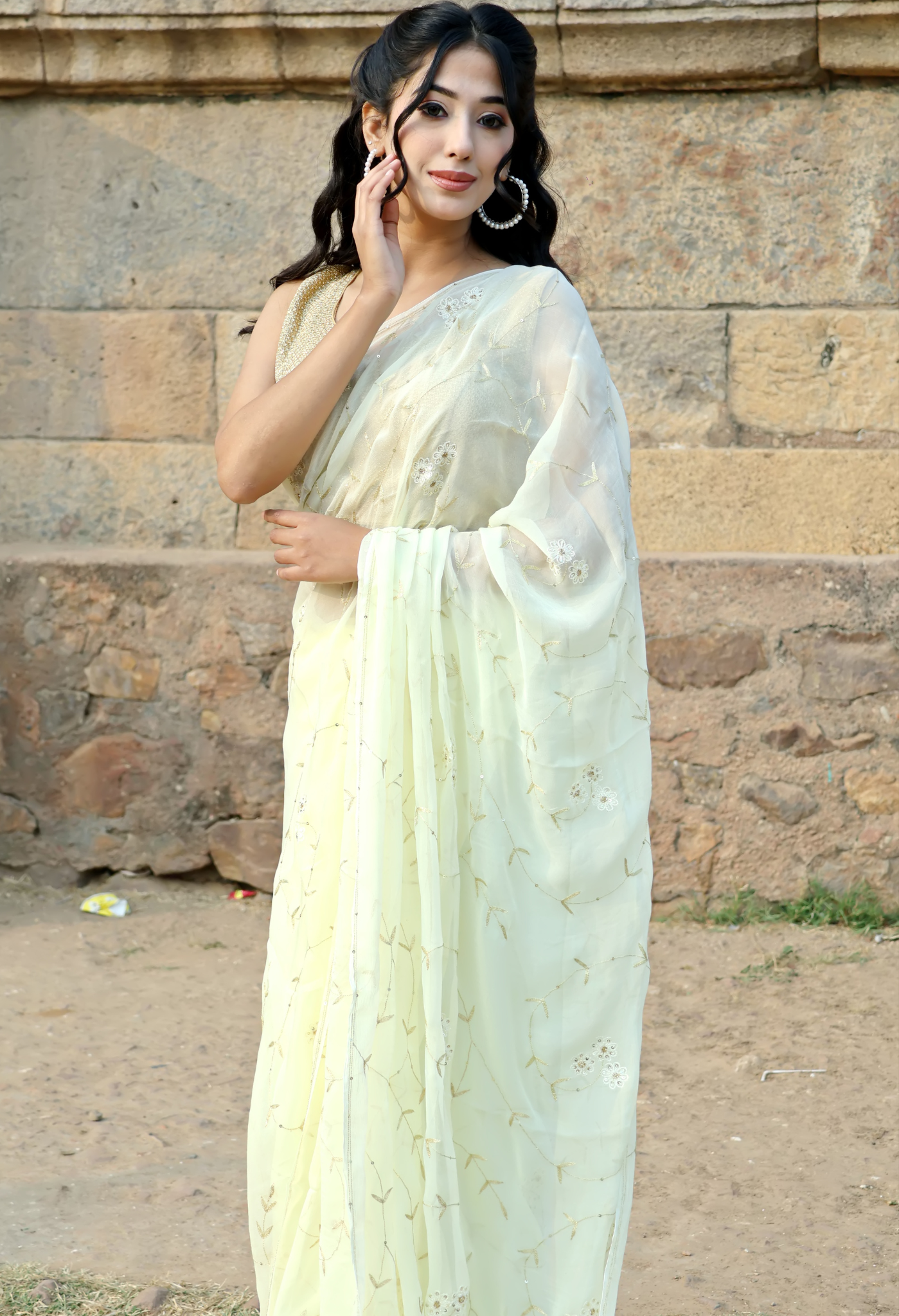 Elegant chiffon saree styled as festive wear, daily wear saree, and party wear saree, a versatile trousseau saree for weddings.