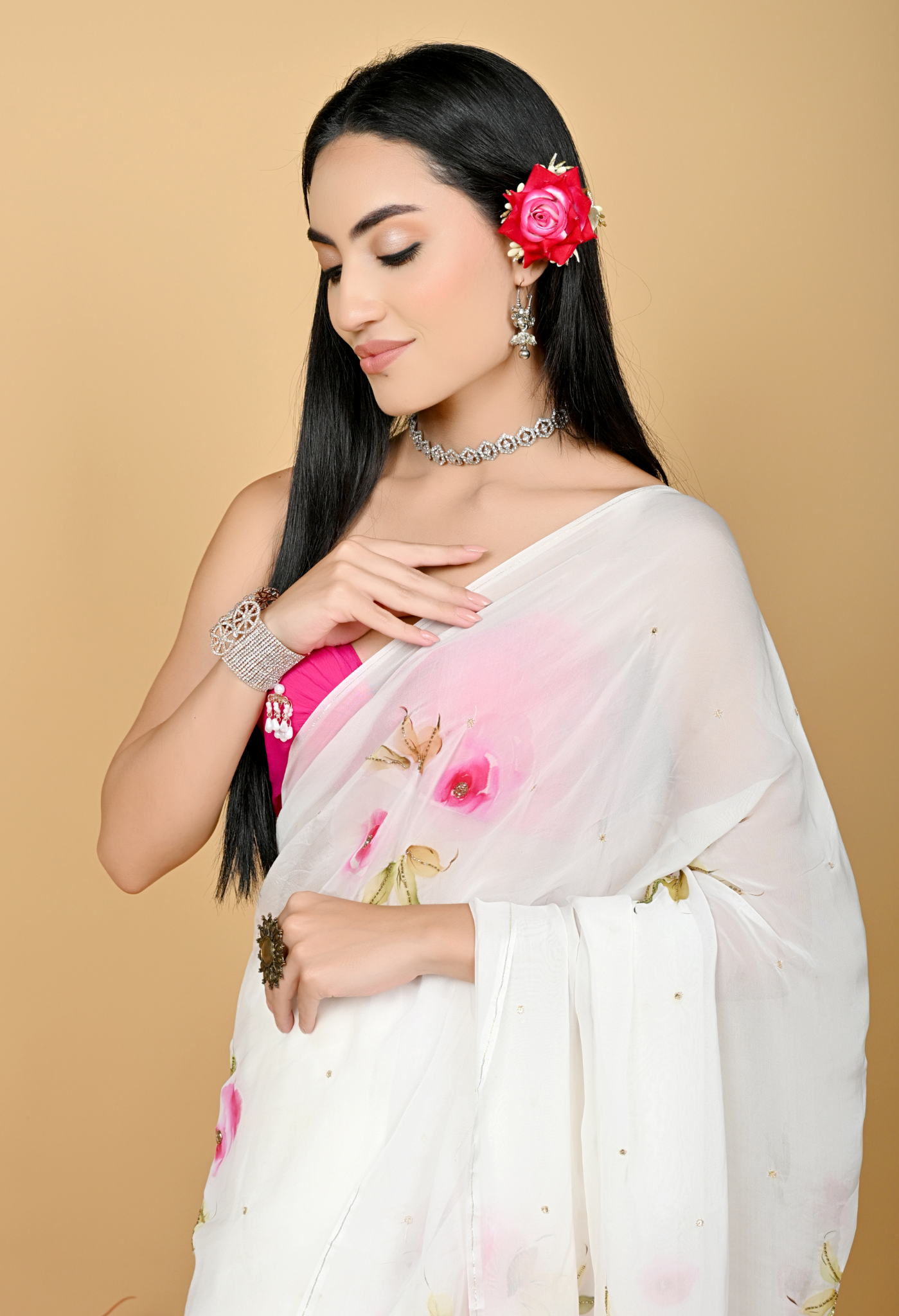 Cheeky Rose Hand Painted Chiffon Saree