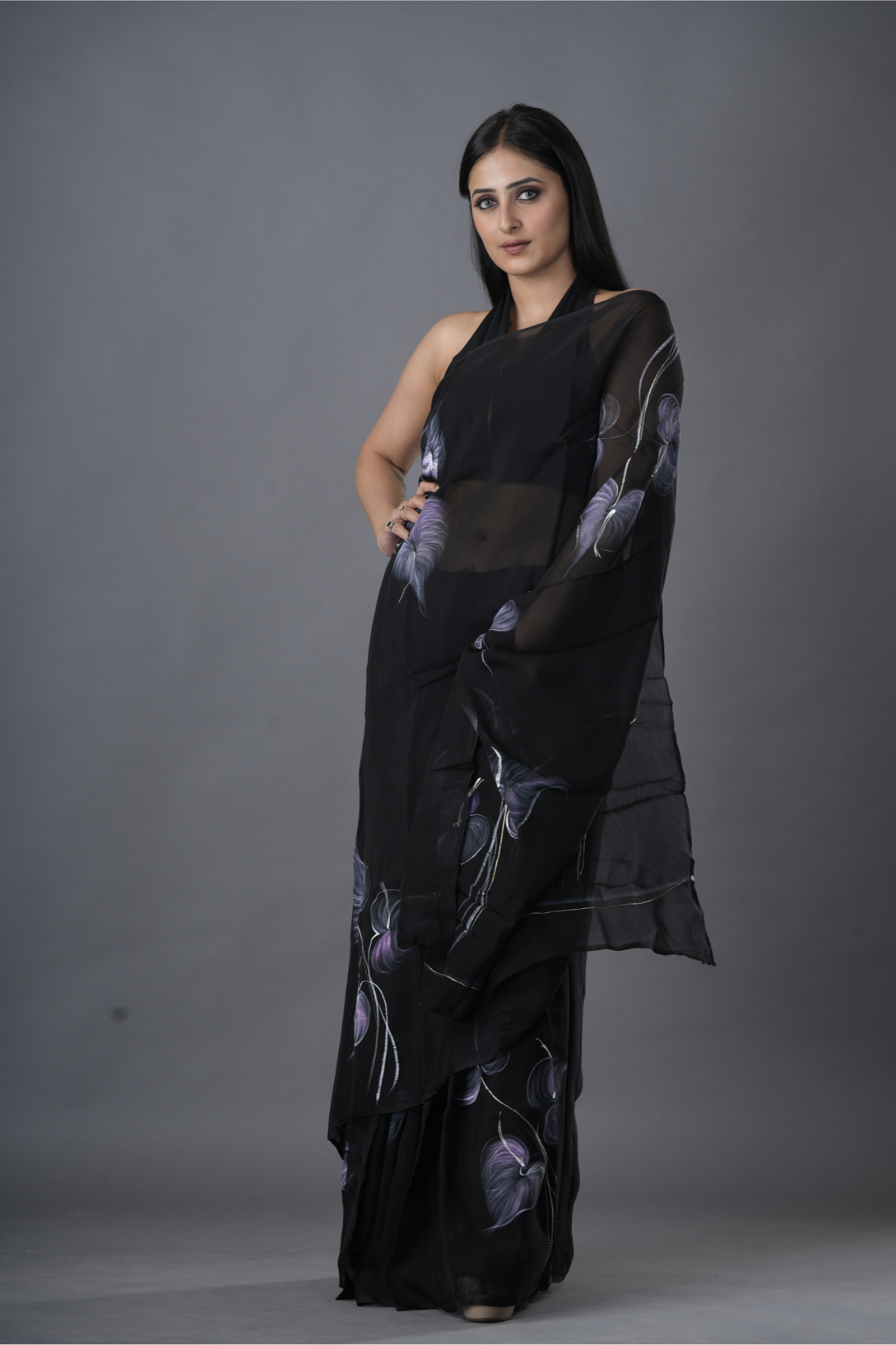 Leafy Midnight Hand Painted Chiffon Saree