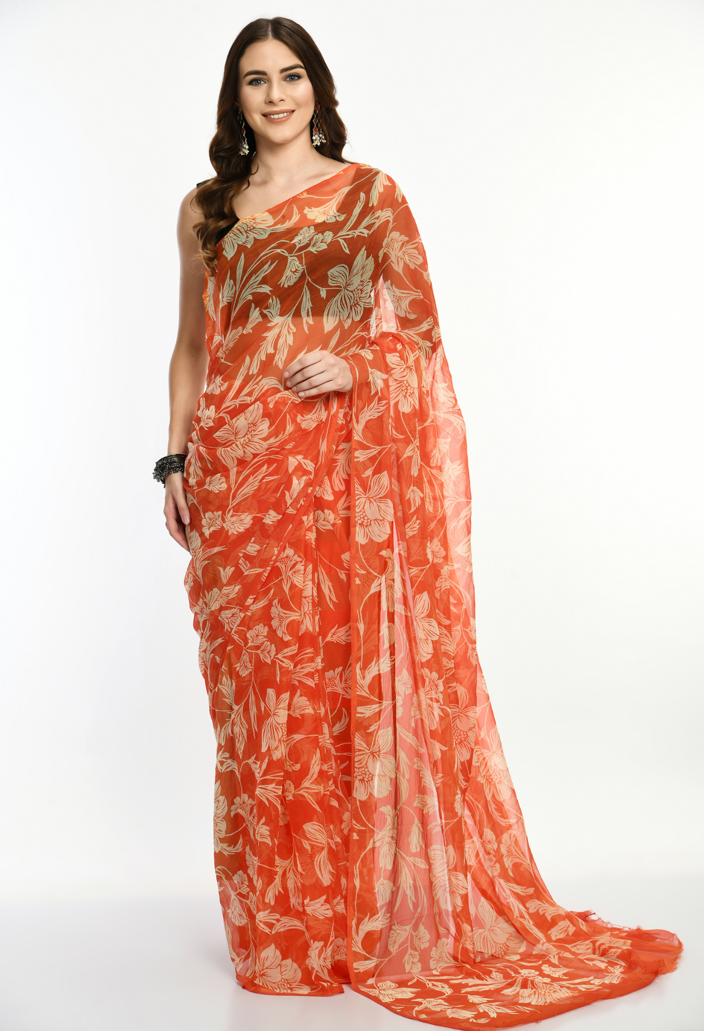Charmacy Printed Orange Chiffon Saree