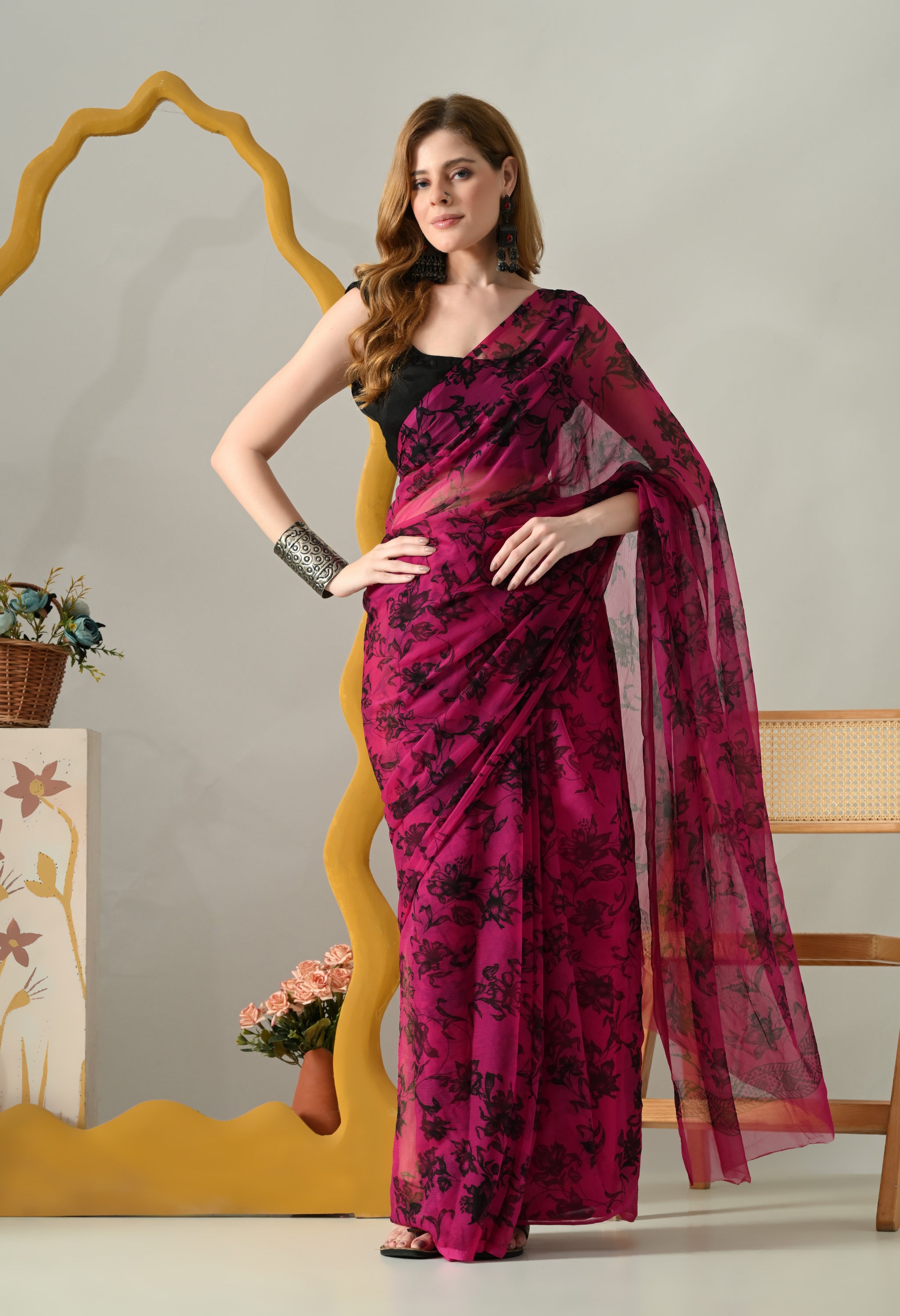 Printed Rani Pink Chiffon Saree