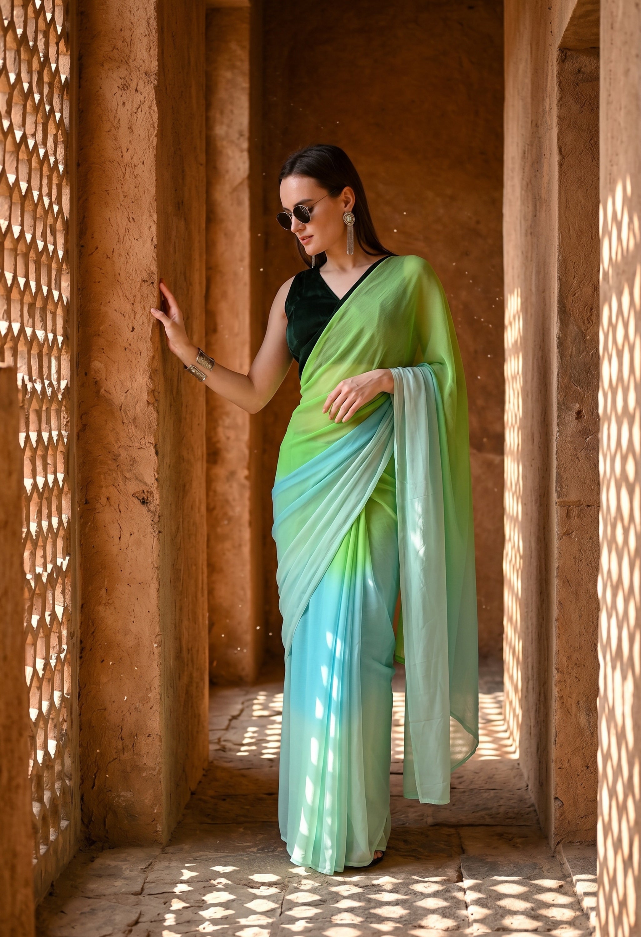Emerald Lagoon Pure Chiffon Saree