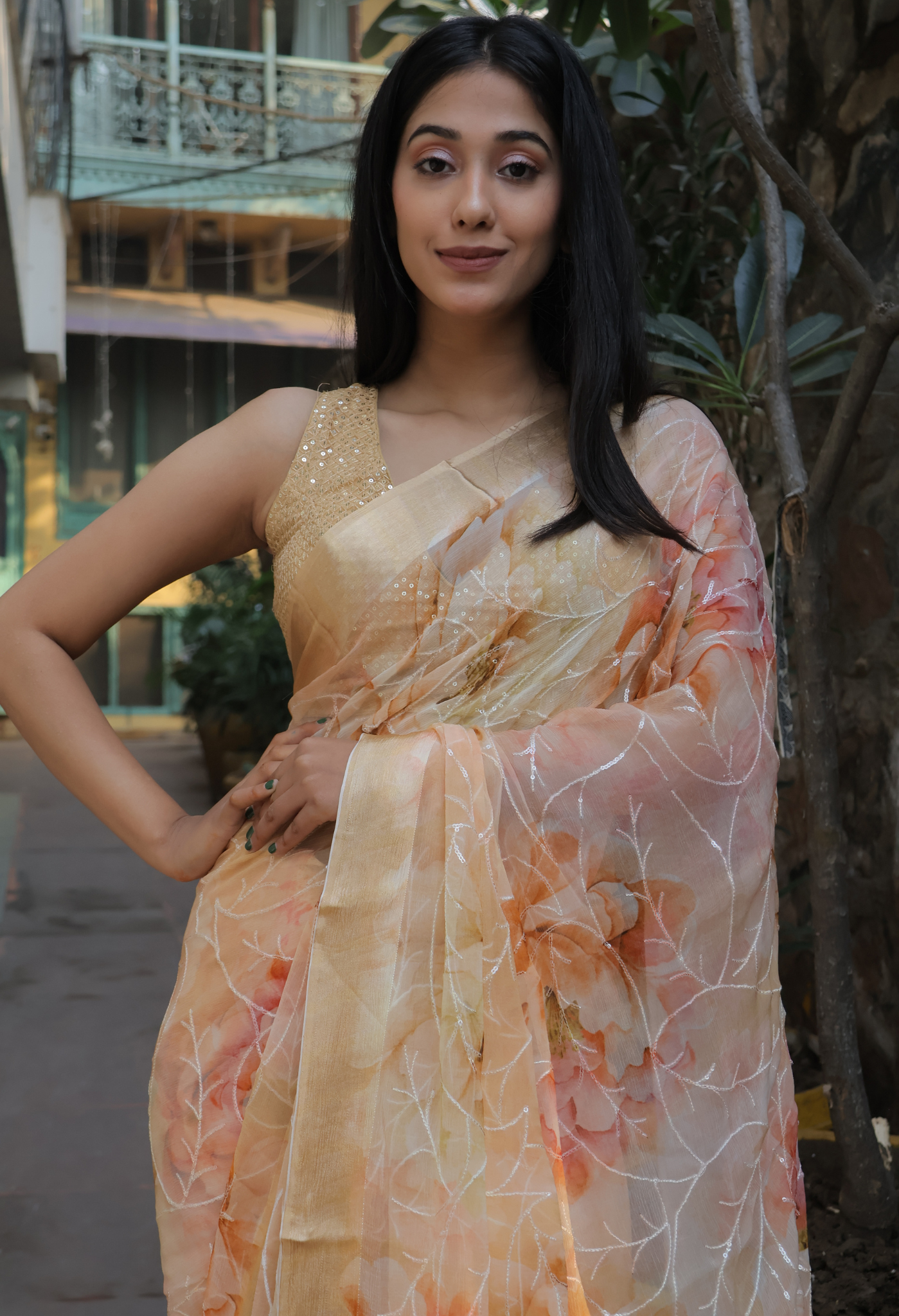 Salmon Peach Embroidered Pure chiffon saree styled as festive wear, daily wear saree, and party wear saree, a versatile trousseau saree for weddings.