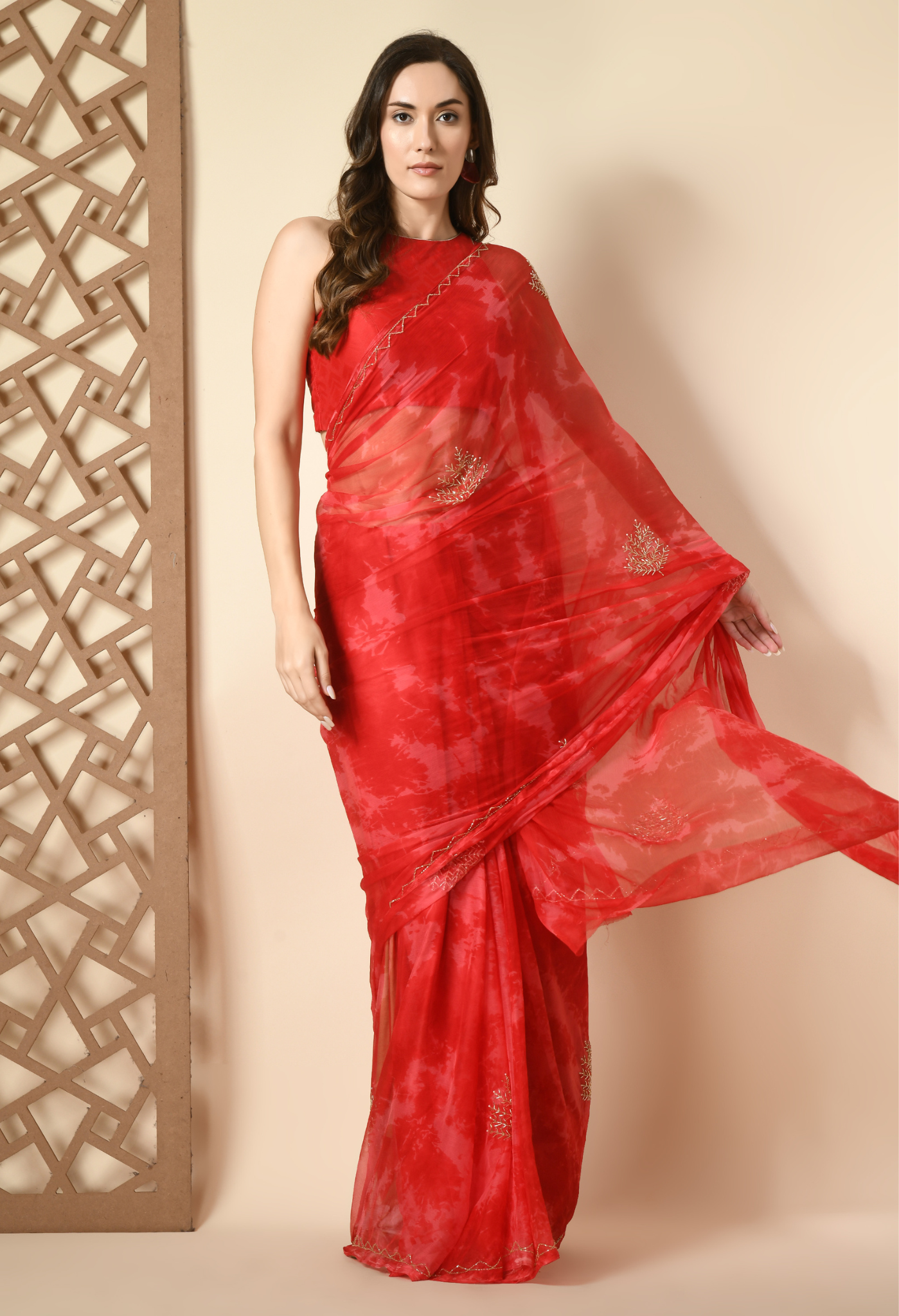 Elegant Love Rose Embellished chiffon leheriya saree for festive wear, trousseau saree, or farewell saree for timeless pre-wedding collection looks.