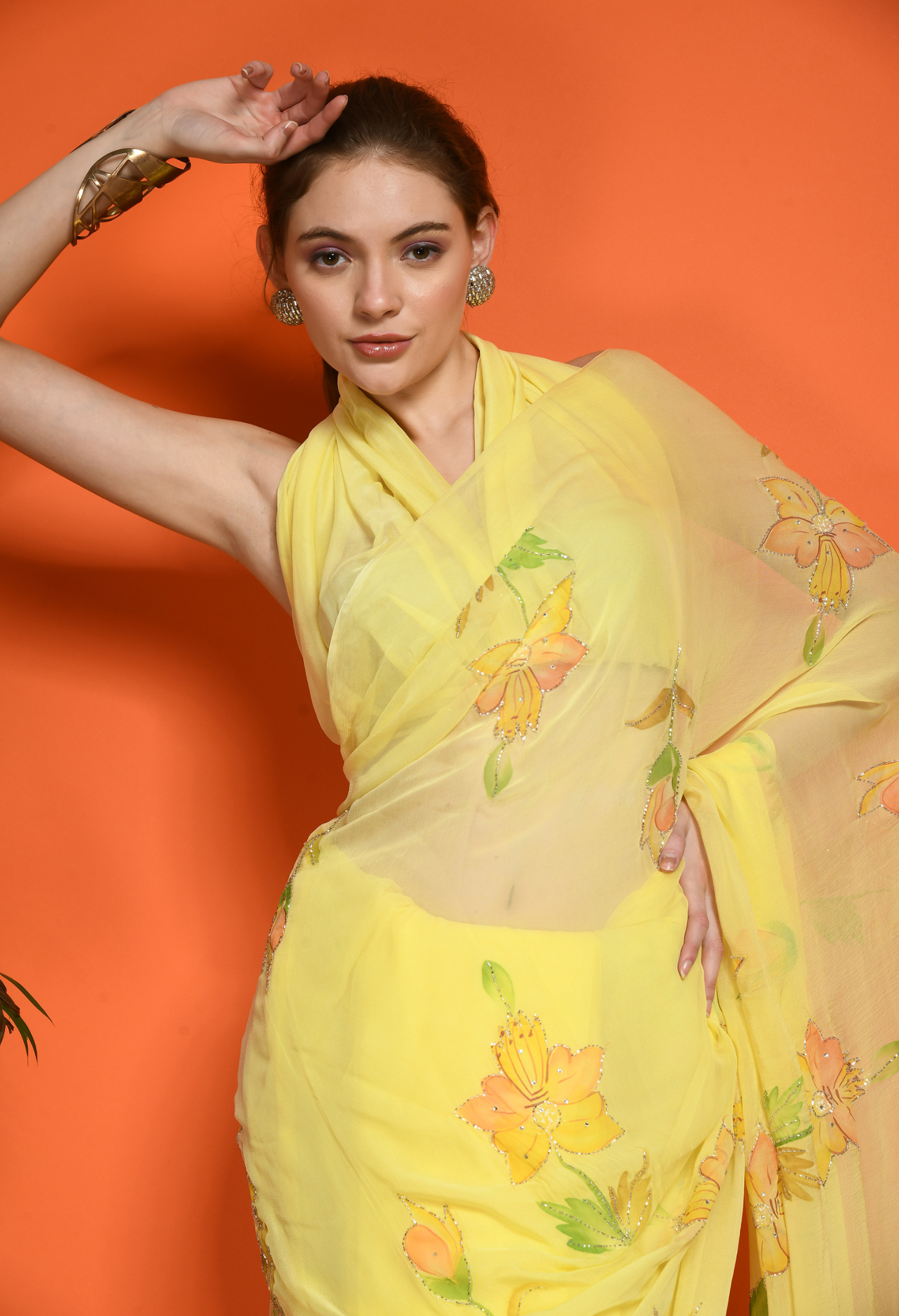 Daffodil Hand Painted Pure Chiffon Saree