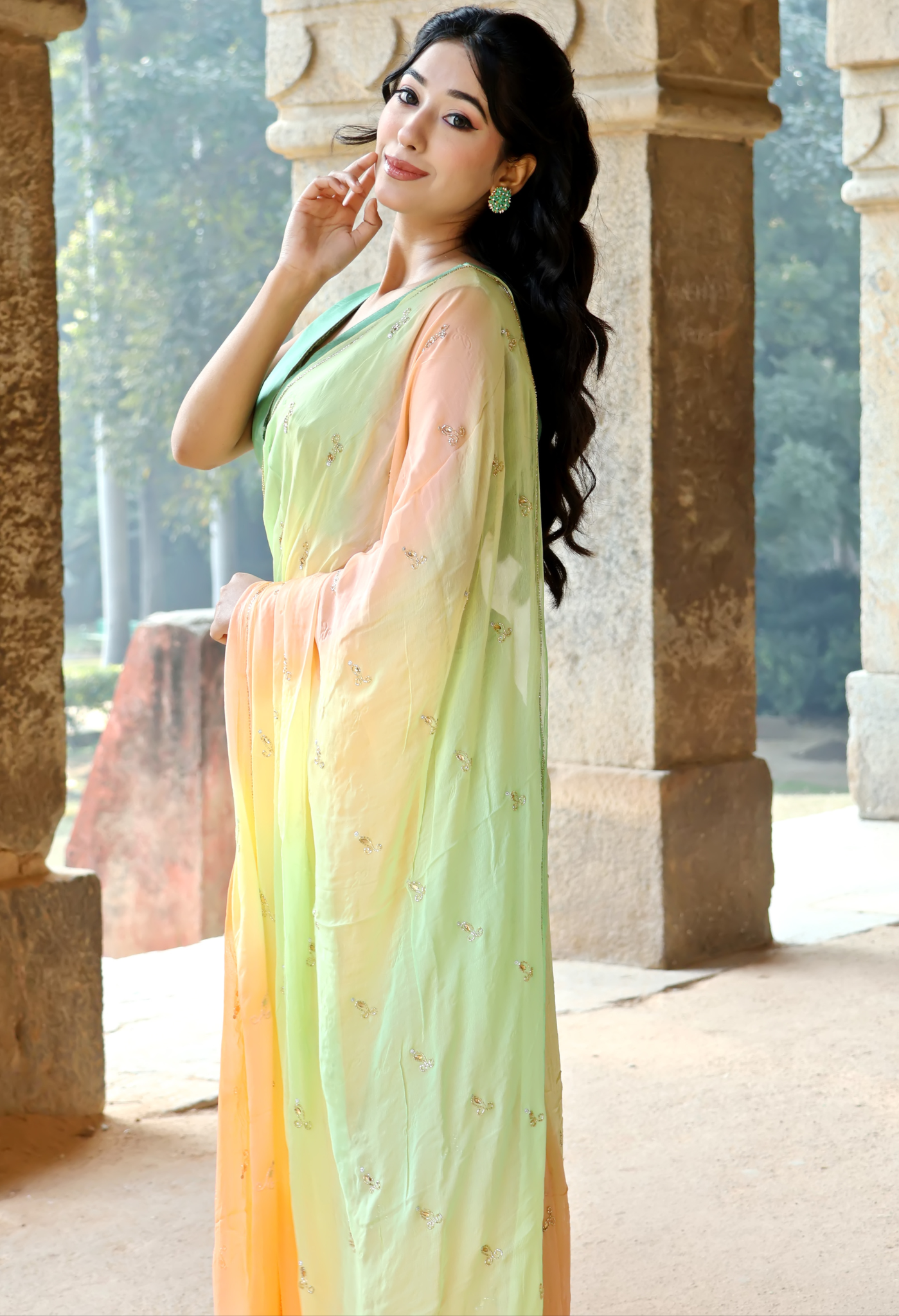 Apple Green Orange Hue Embellished Pure Chiffon Saree