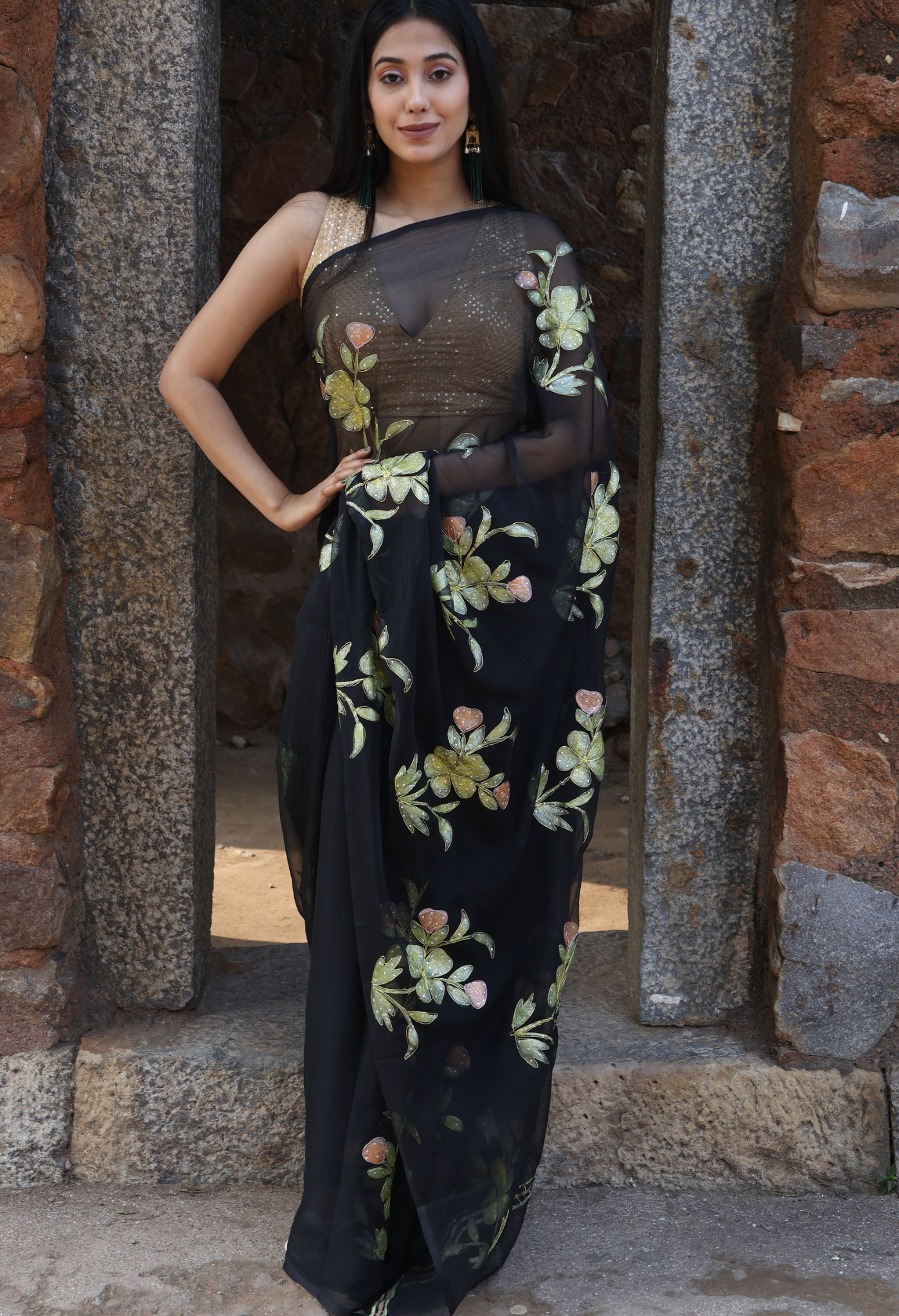 Shadow Black Hand Painted Chiffon Saree