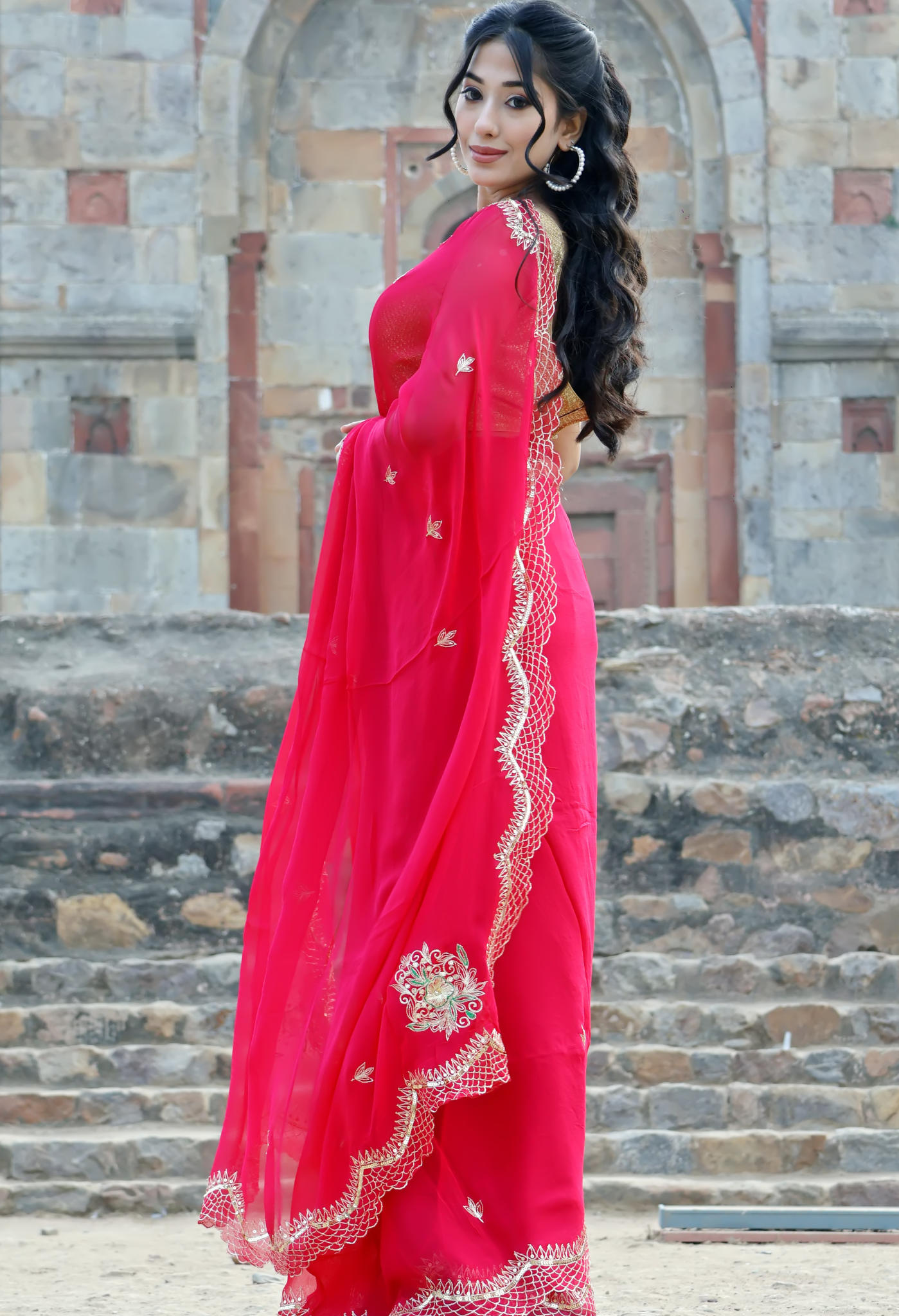 Brink Red Embroidered chiffon saree styled as festive wear, daily wear saree, and party wear saree, a versatile trousseau saree for weddings.