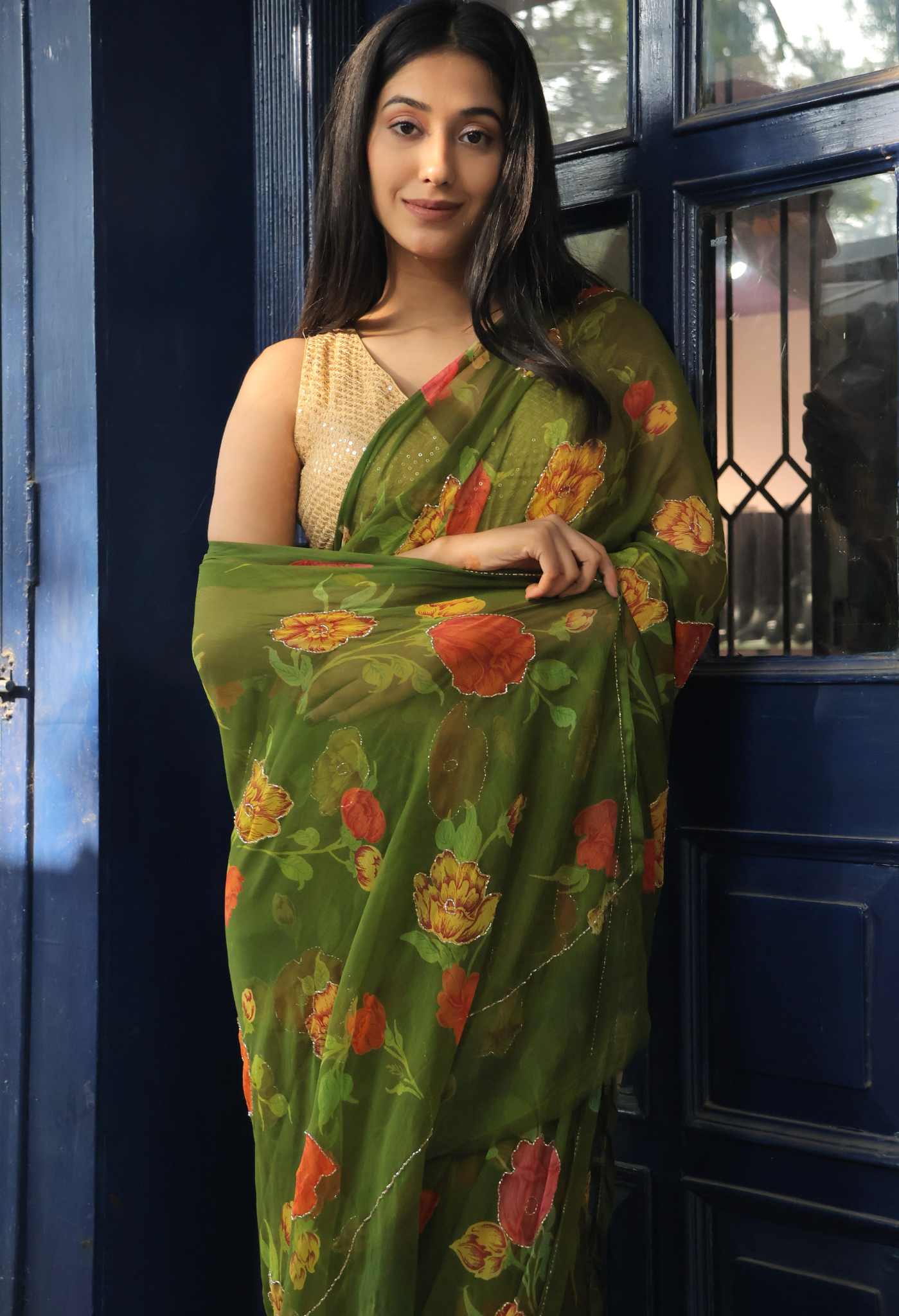 Avacado Green Floral chiffon leheriya saree for festive wear, trousseau saree, or farewell saree for timeless pre-wedding collection looks.