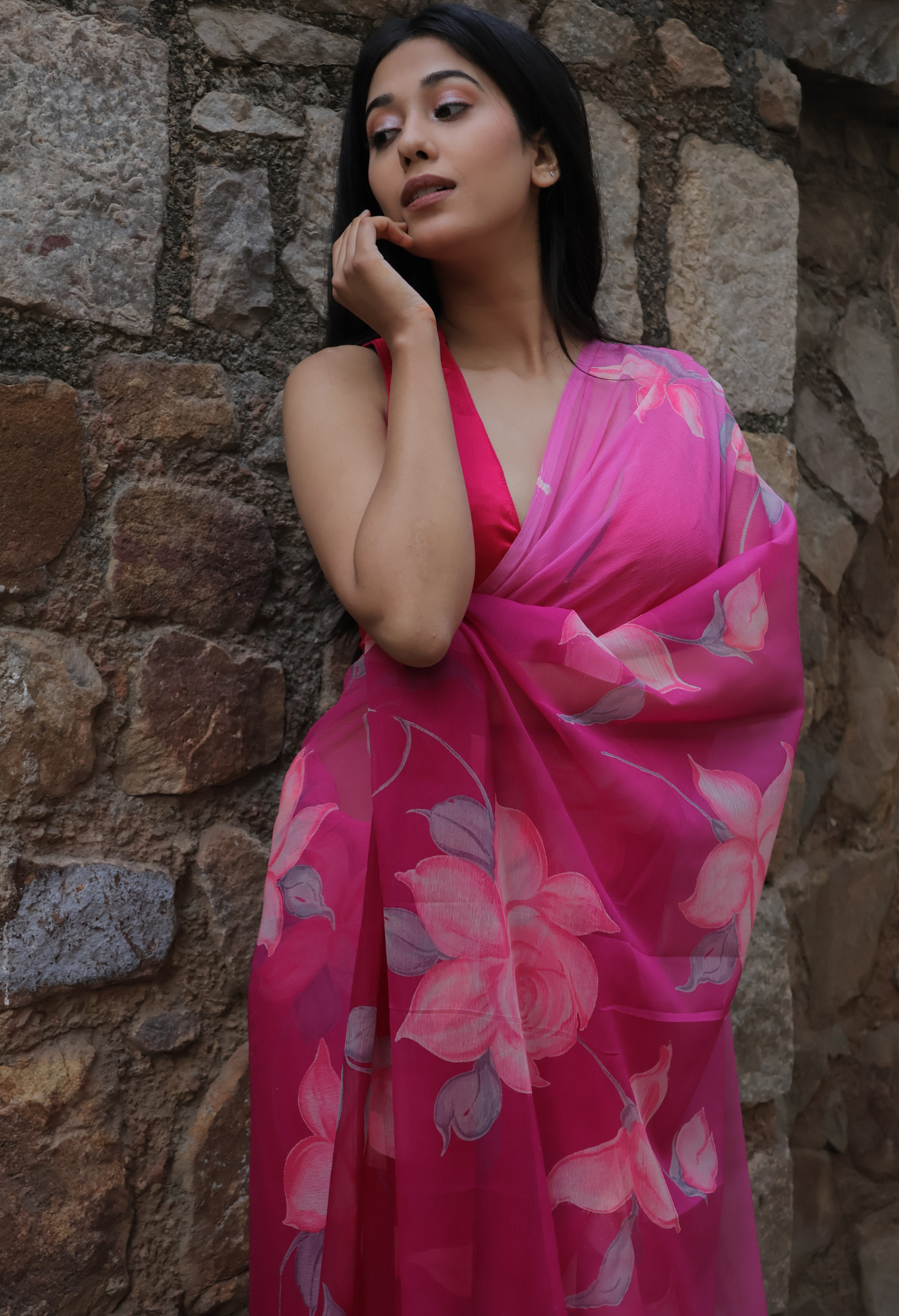Thunder Black Floral Printed Chiffon Saree