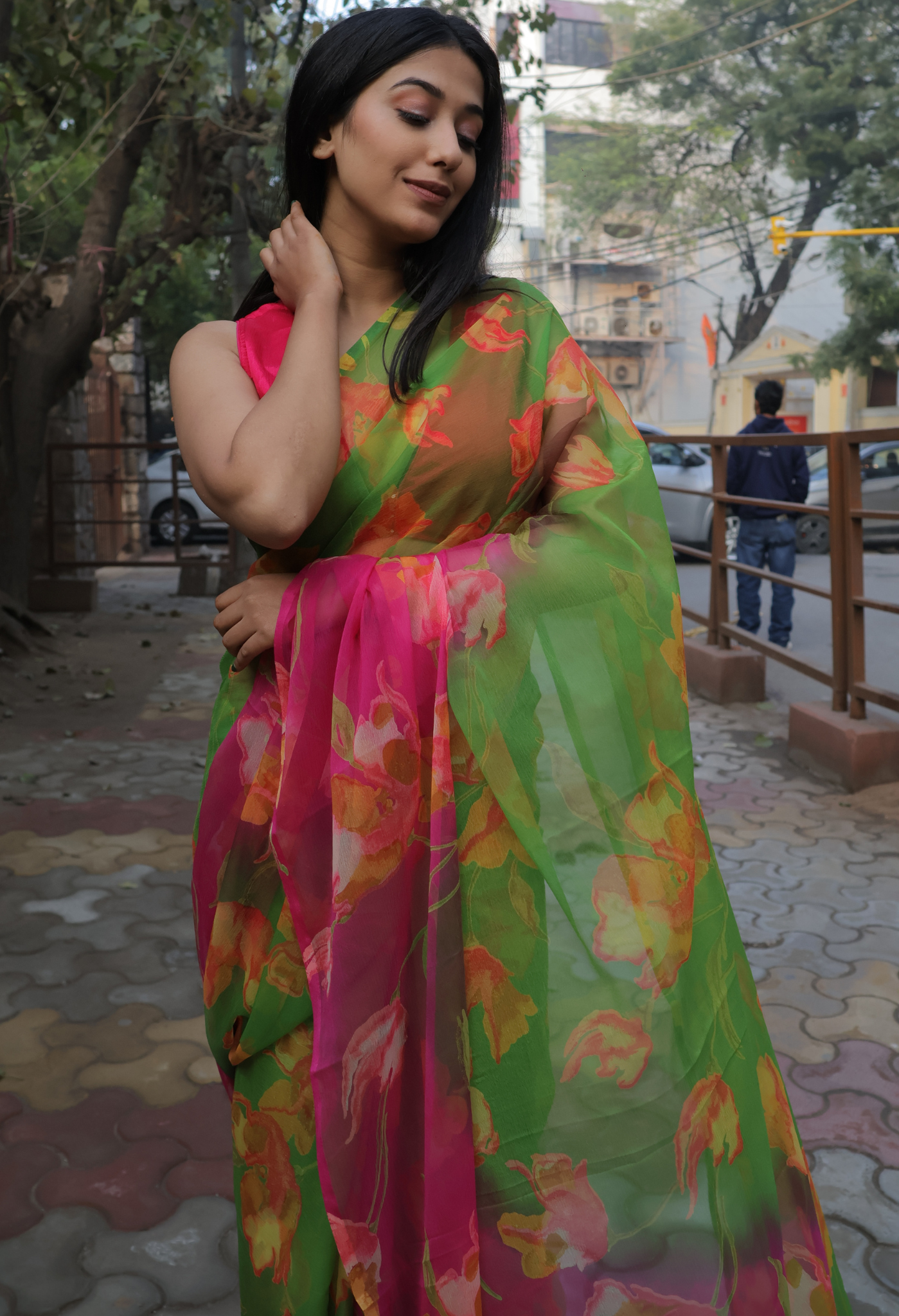 Lime Candy Floral Printed Chiffon Saree