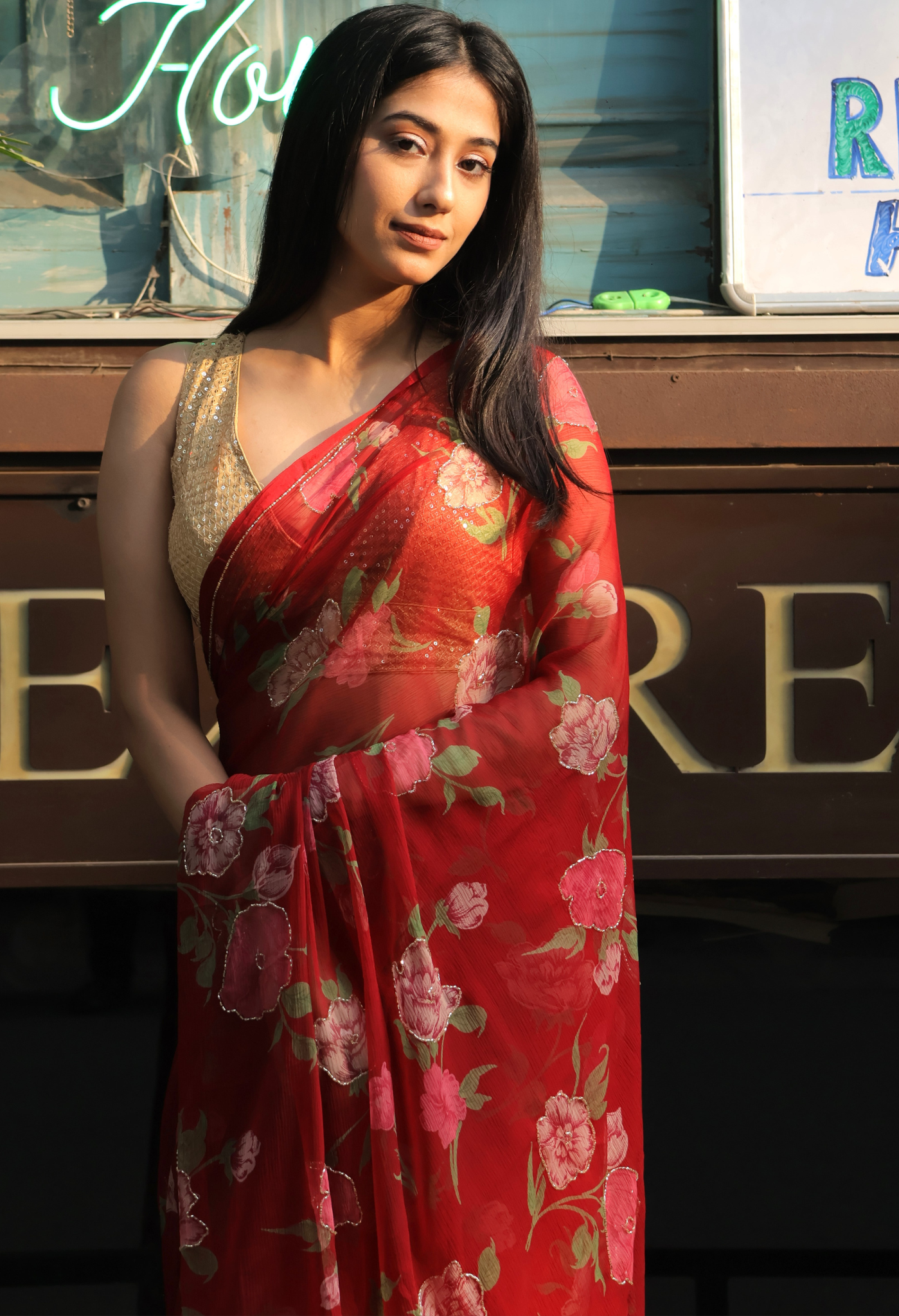 Royal Maroon Floral chiffon leheriya saree for festive wear, trousseau saree, or farewell saree for timeless pre-wedding collection looks.