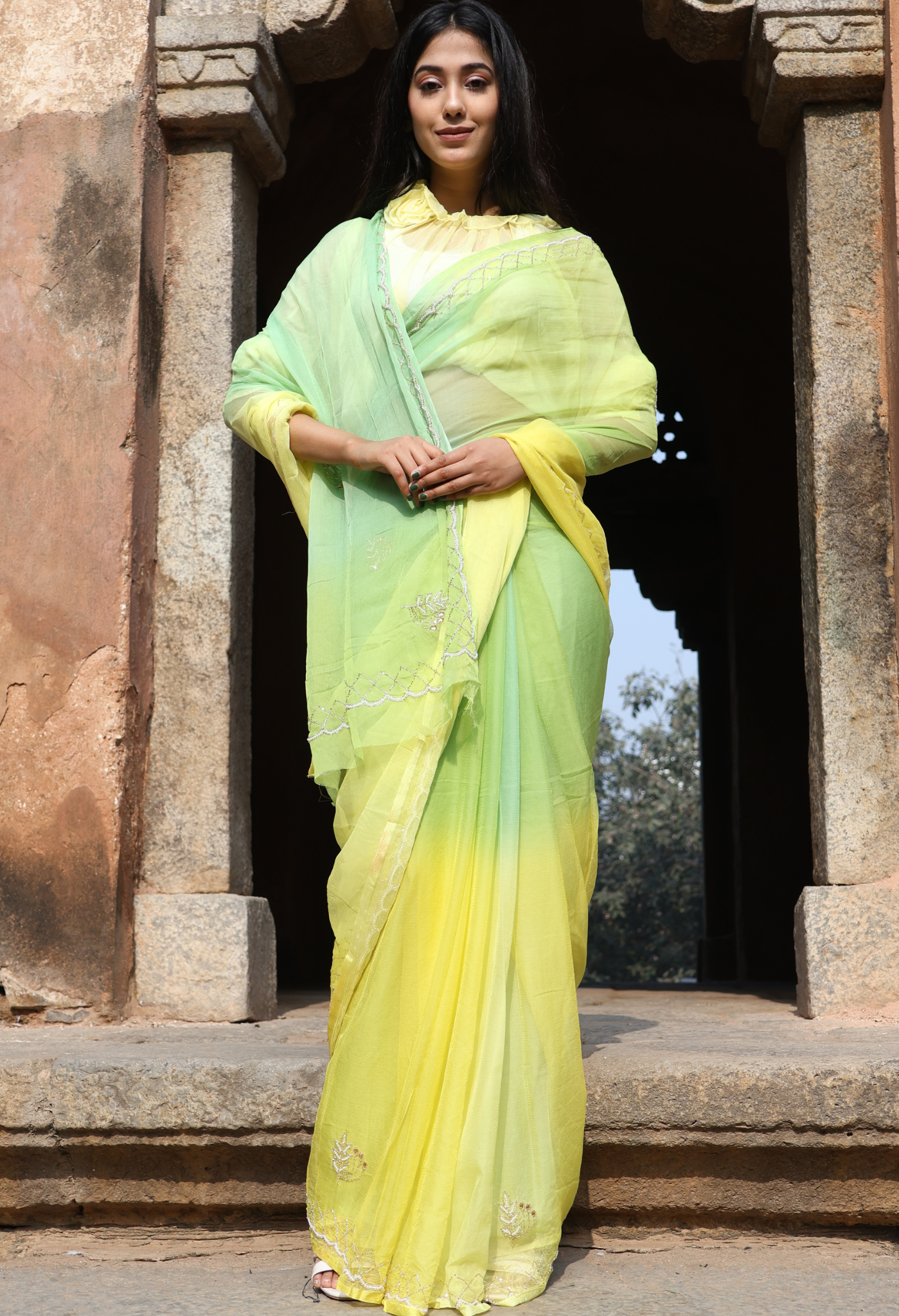Lime Mellow Multi Hue Chiffon Saree