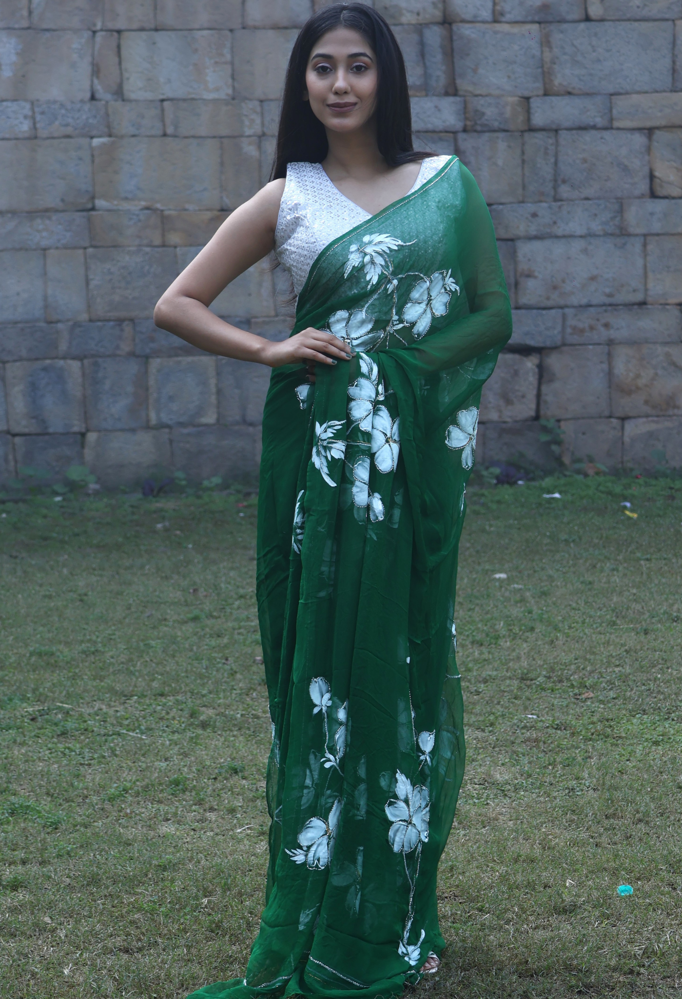 Lush Green Hand Painted Embellished Saree