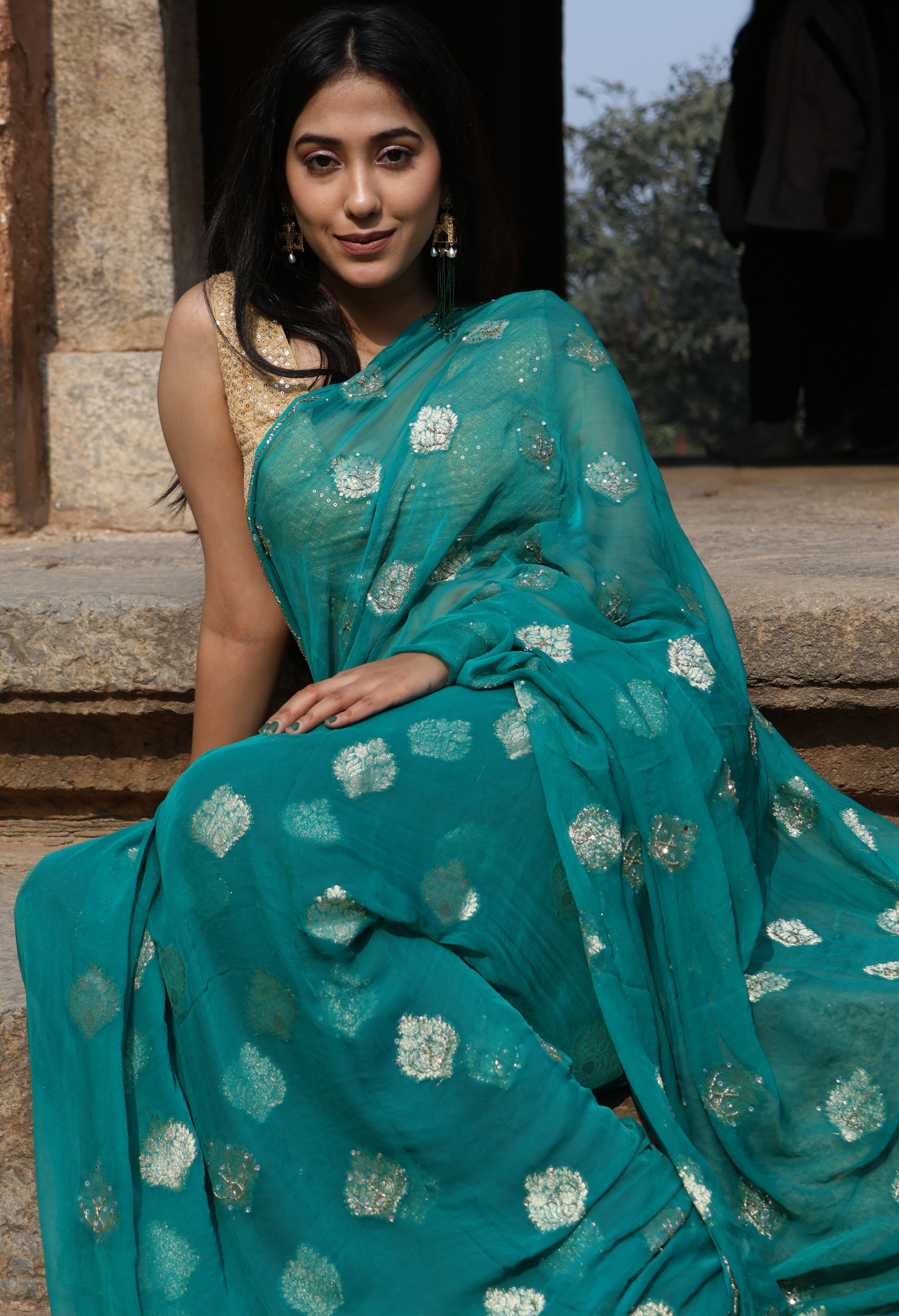 Regal Sea Green Banarasi Brocade Chiffon saree design showcasing festive wear elegance, styled as casual saree, party wear saree, and timeless trousseau saree.