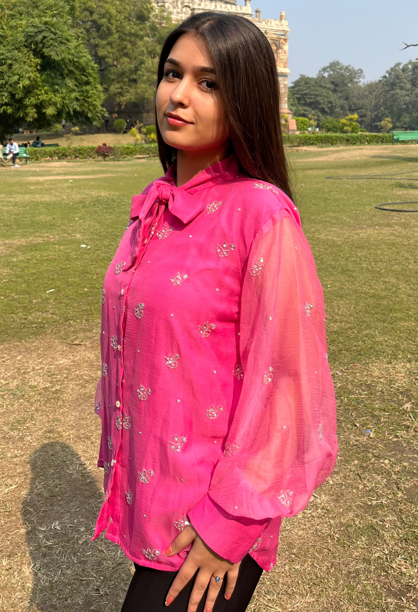 Hot Pink Chiffon Embellished Bow Shirt