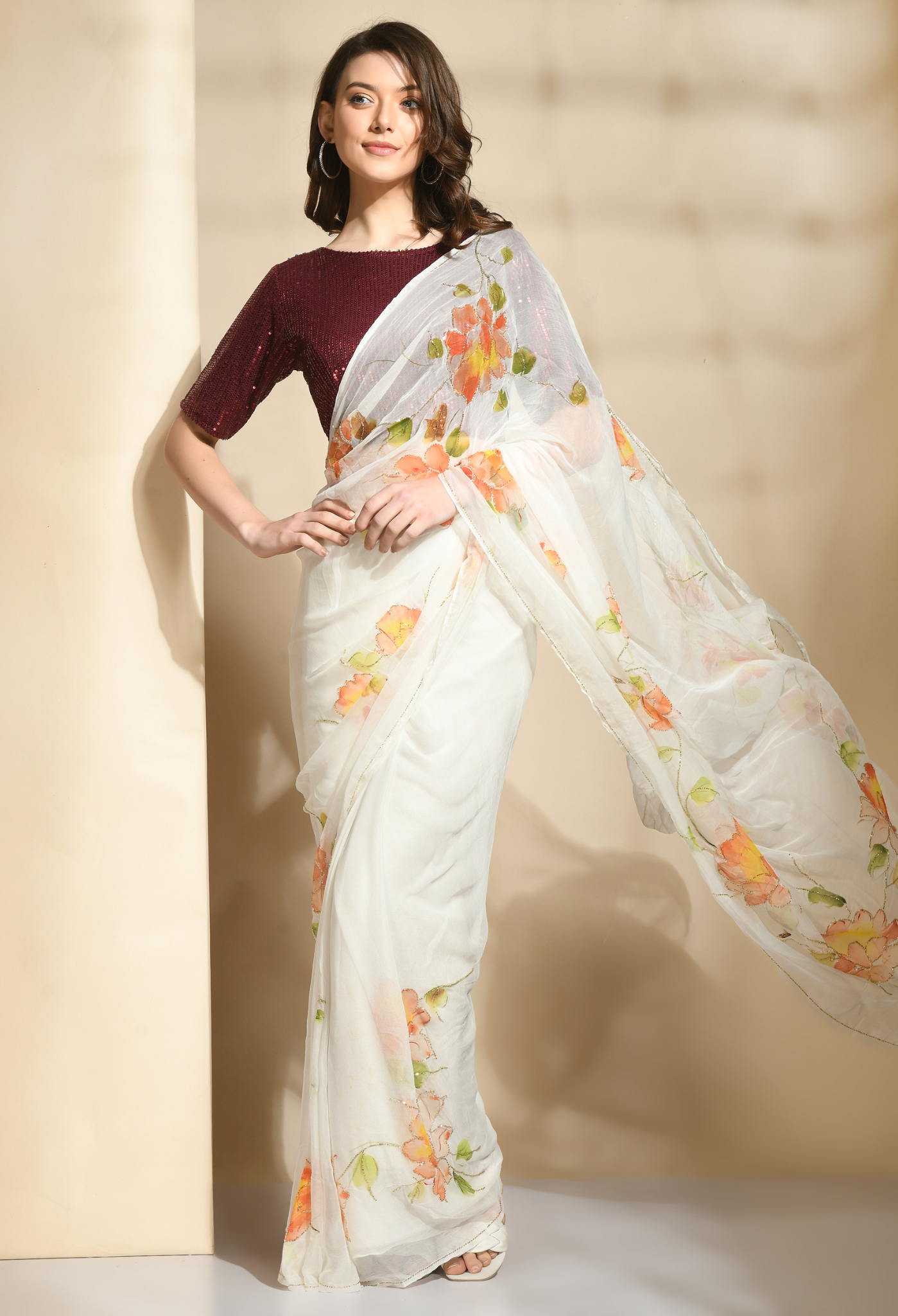 Peony Floral Hand Painted Organza saree for festive wear, trousseau saree, or farewell saree for timeless pre-wedding collection looks.