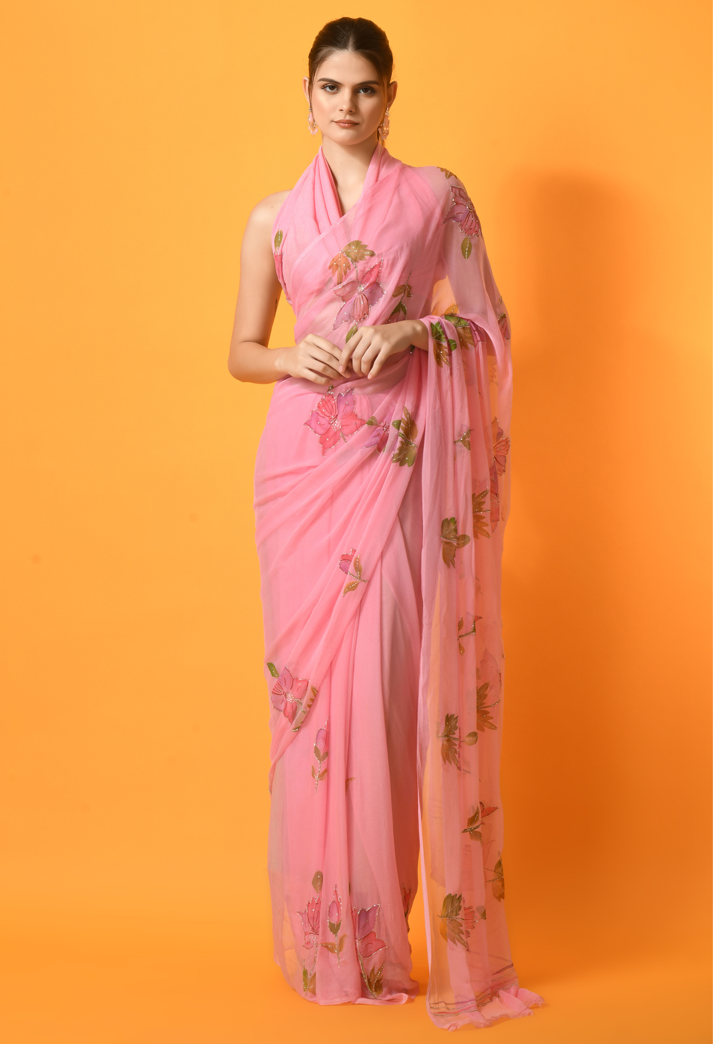 Bubble Gum Floral Hand Painted Chiffon Saree with Cut dana work