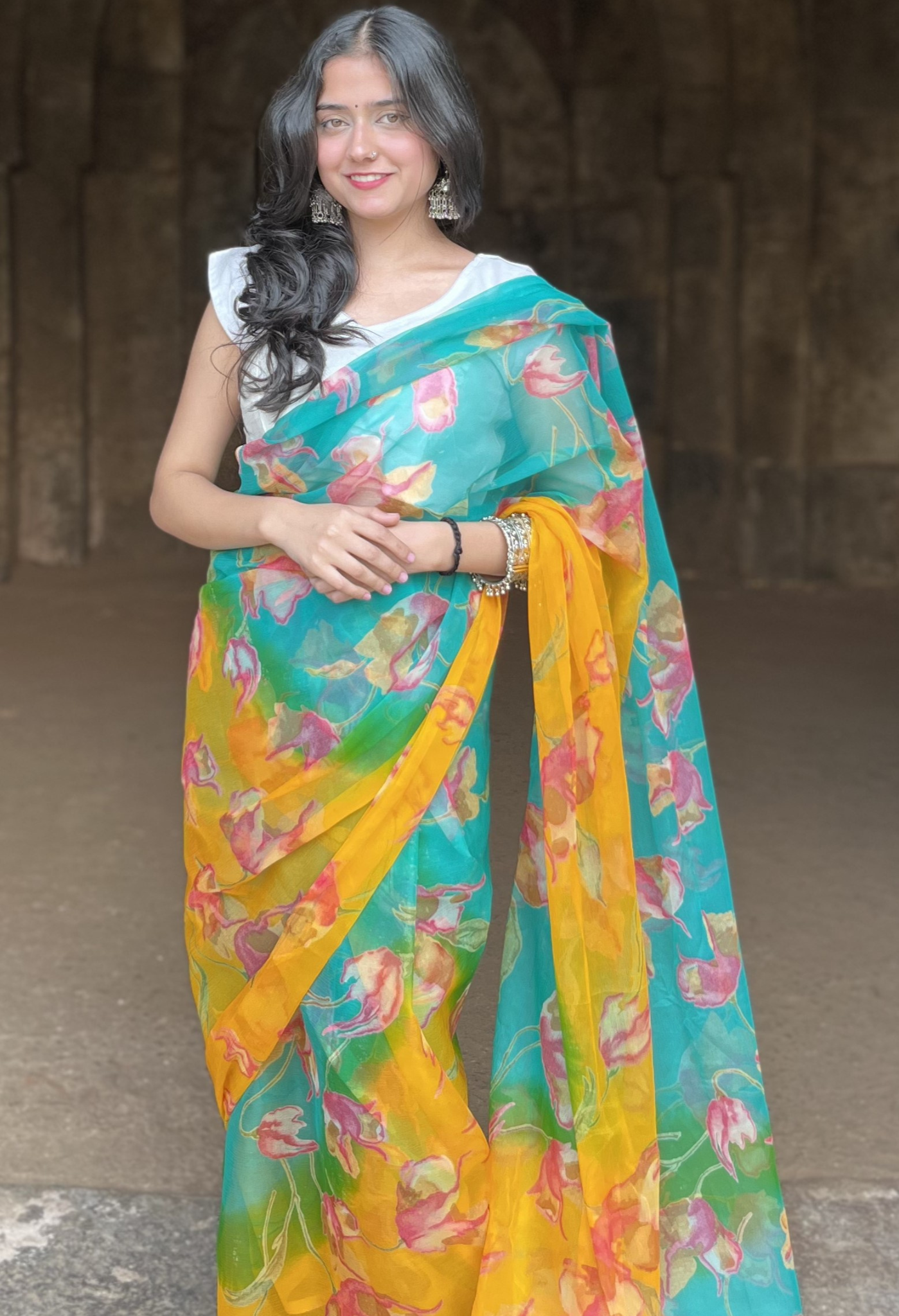 Amber Green Floral Printed Chiffon Saree