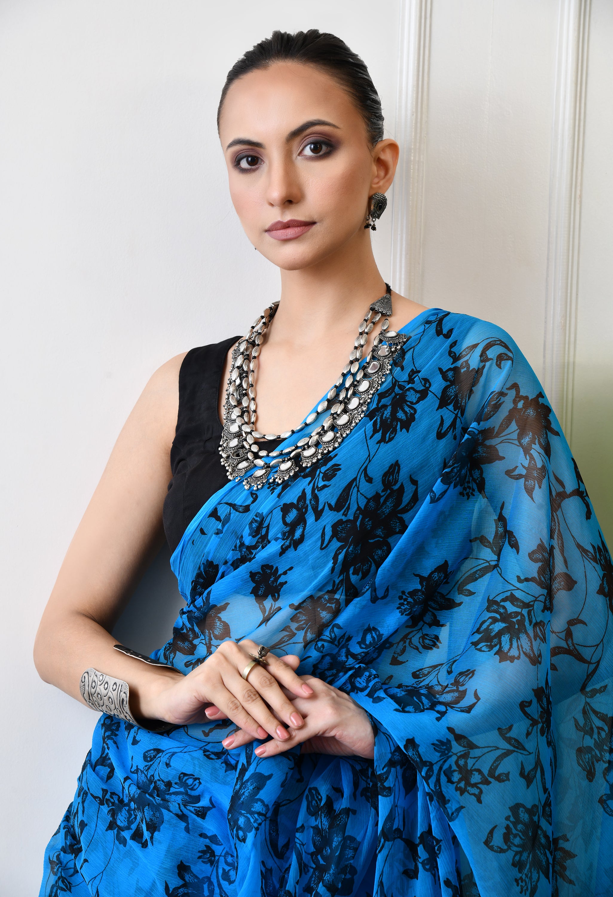 Printed Blue Chiffon Saree