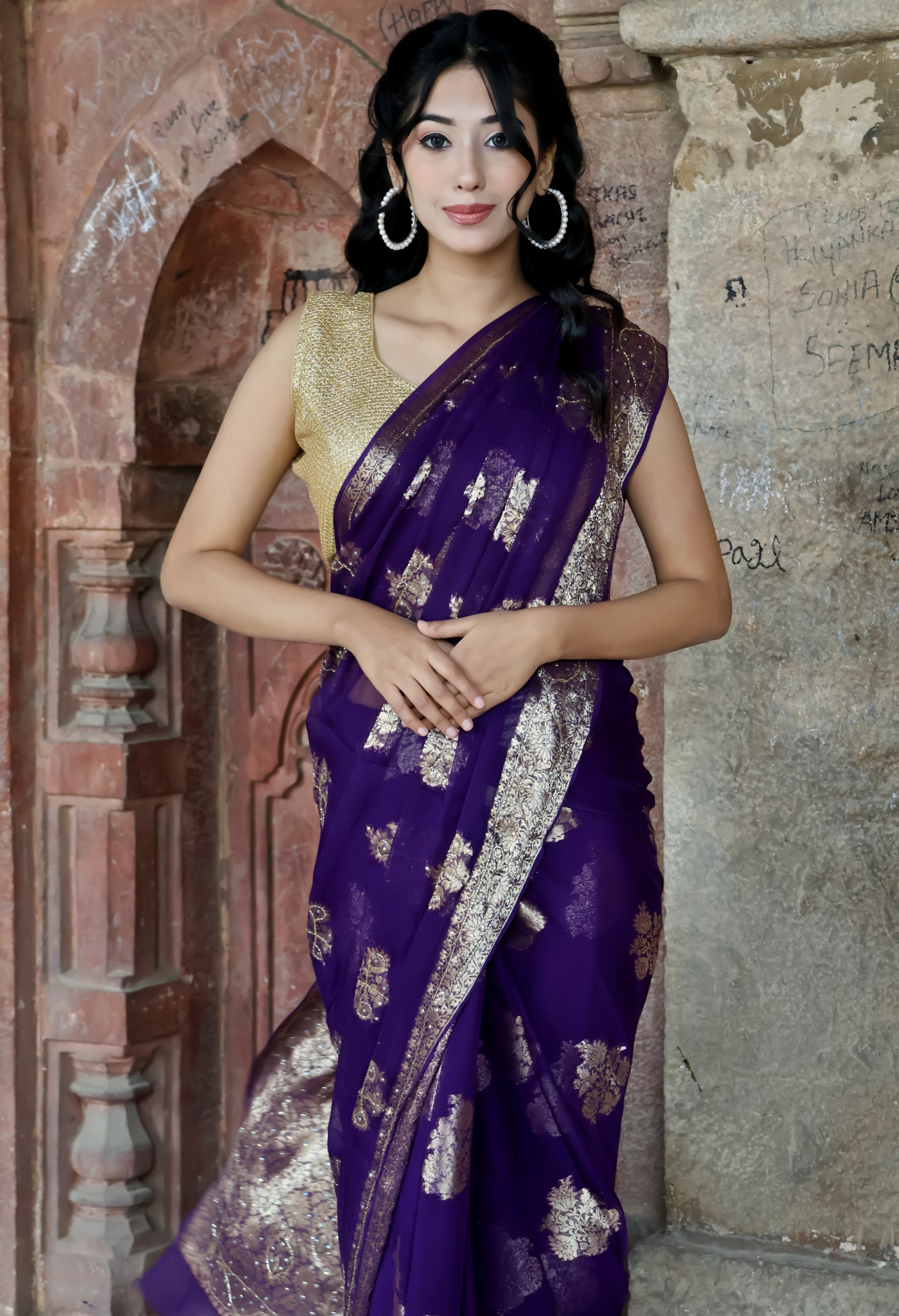 Elegant Dark Purple Banarasi chiffon leheriya saree for festive wear, trousseau saree, or farewell saree for timeless pre-wedding collection looks.