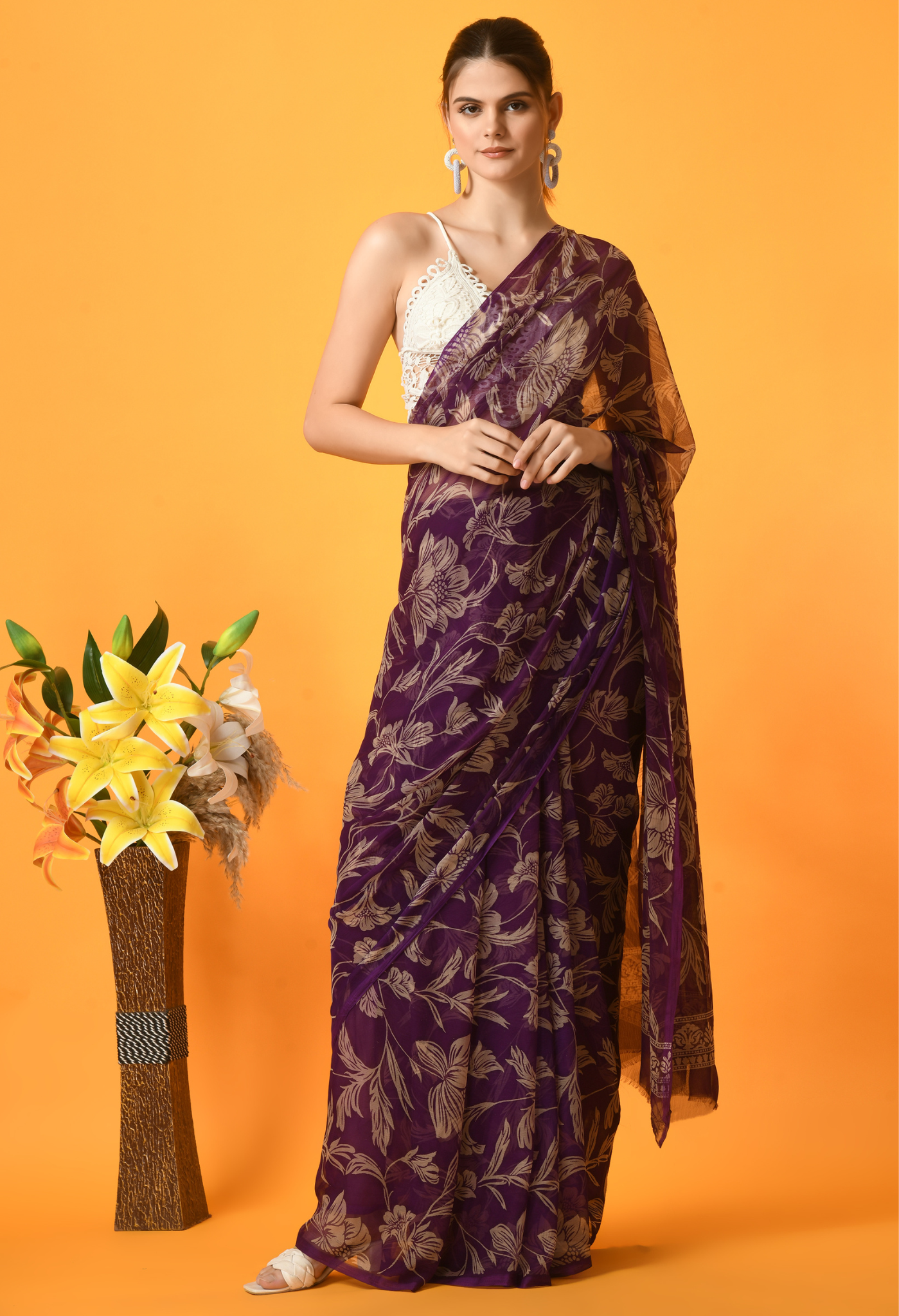 Charmacy Purple Printed Chiffon Saree