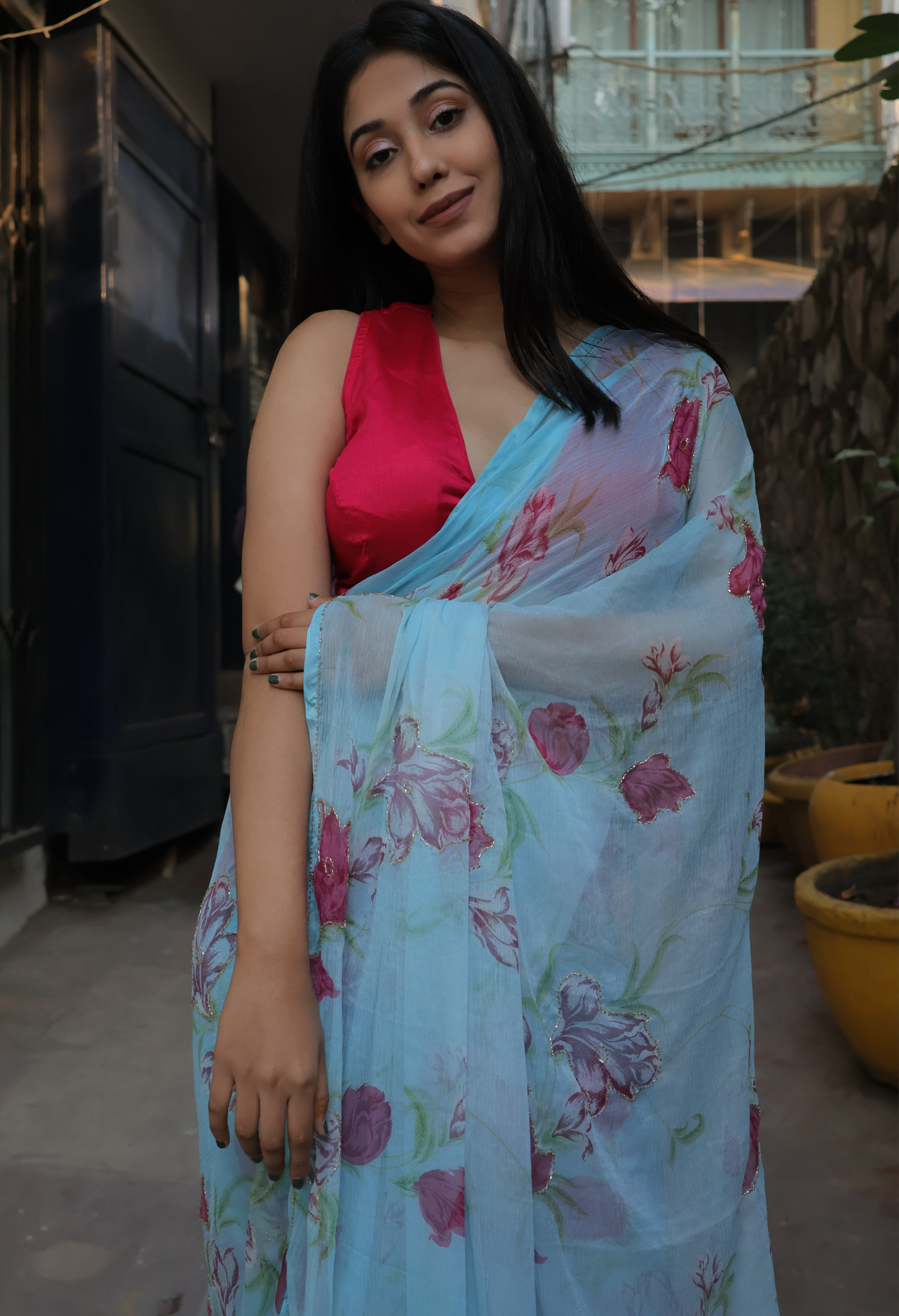 Baby Blue Floral Printed chiffon leheriya saree for festive wear, trousseau saree, or farewell saree for timeless pre-wedding collection looks.