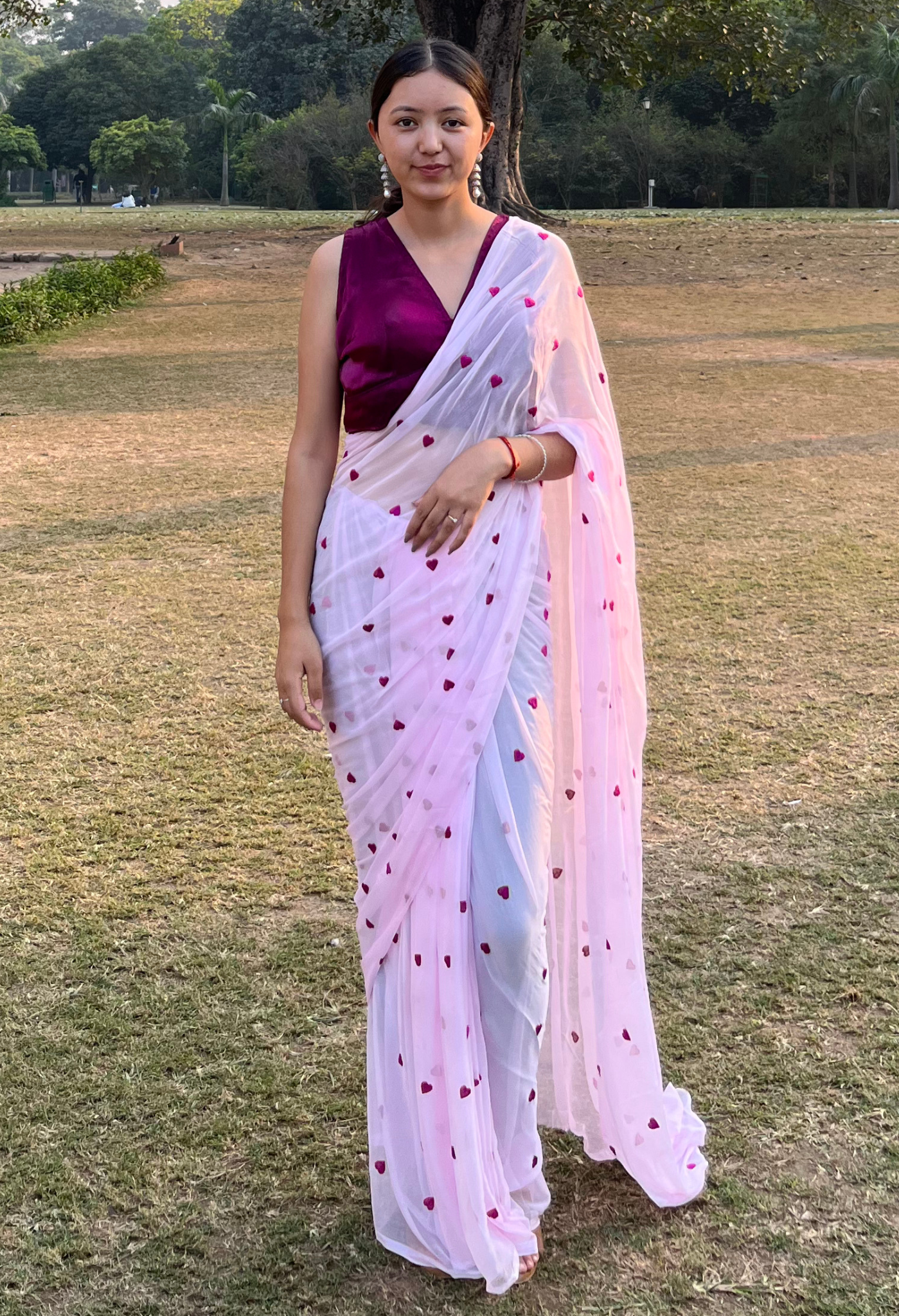 Sweetheart Pink Embroidered Chiffon saree design showcasing festive wear elegance, styled as casual saree, party wear saree, and timeless trousseau saree.