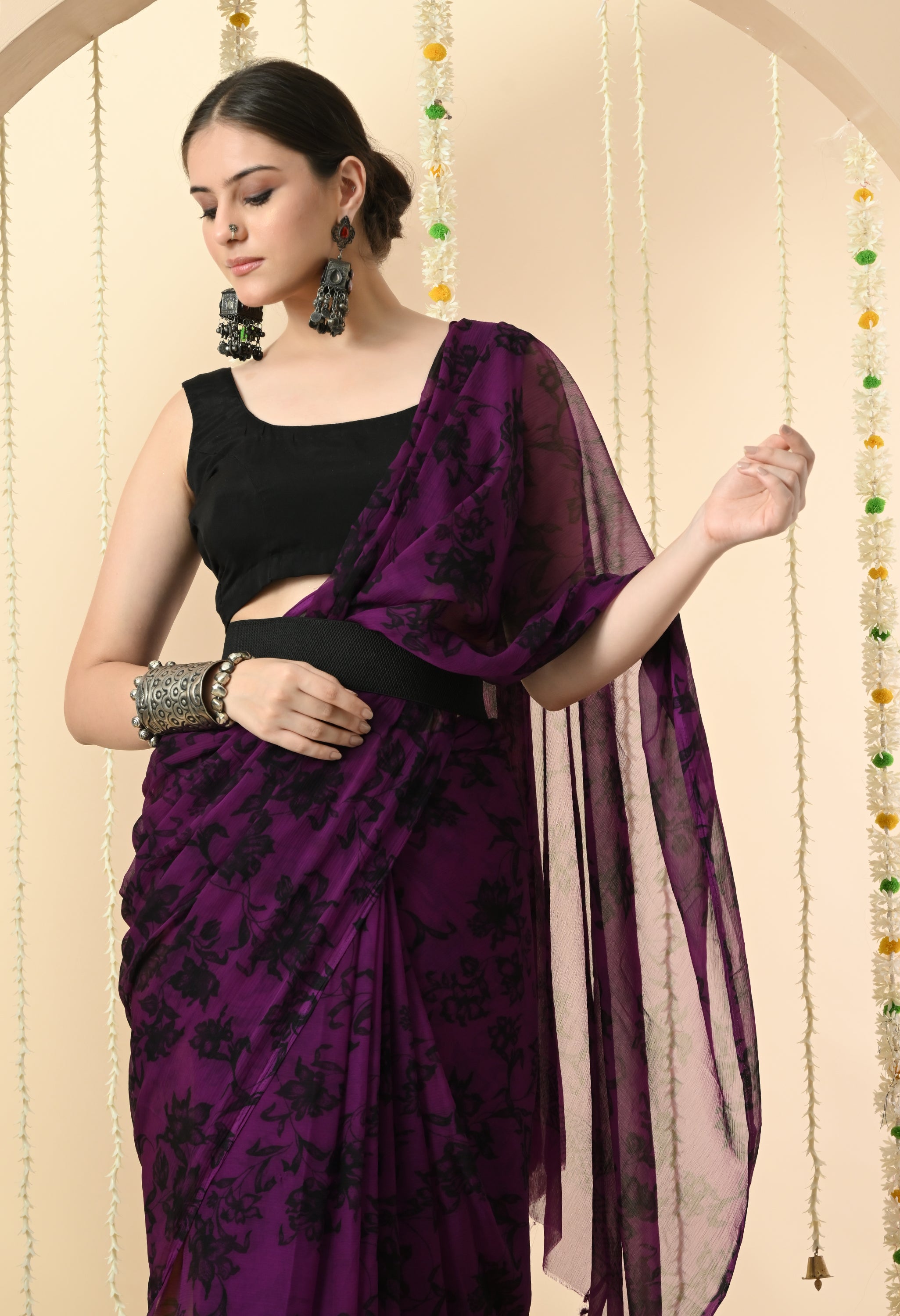 Printed Purple Chiffon Saree
