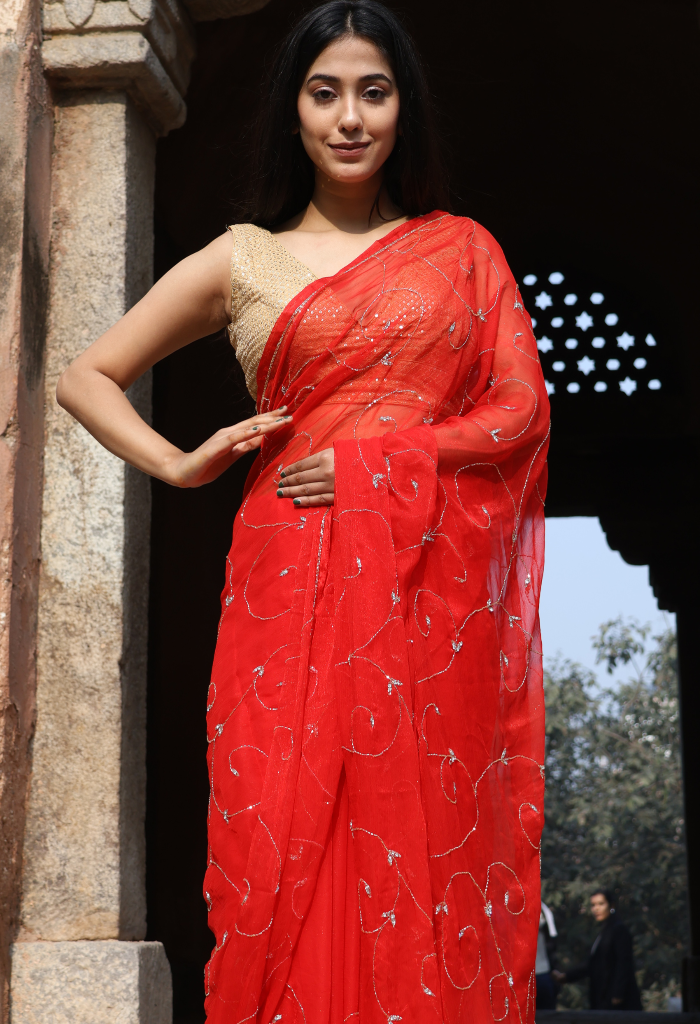 Robbin Red Embellished chiffon leheriya saree for festive wear, trousseau saree, or farewell saree for timeless pre-wedding collection looks.