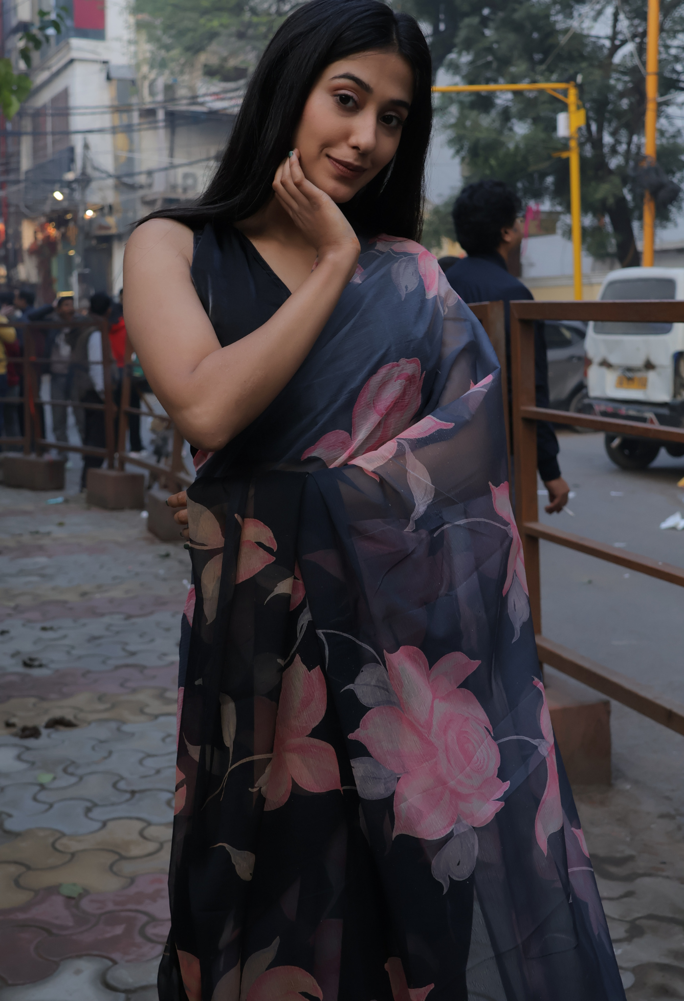Thunder Black Floral Printed Chiffon Saree