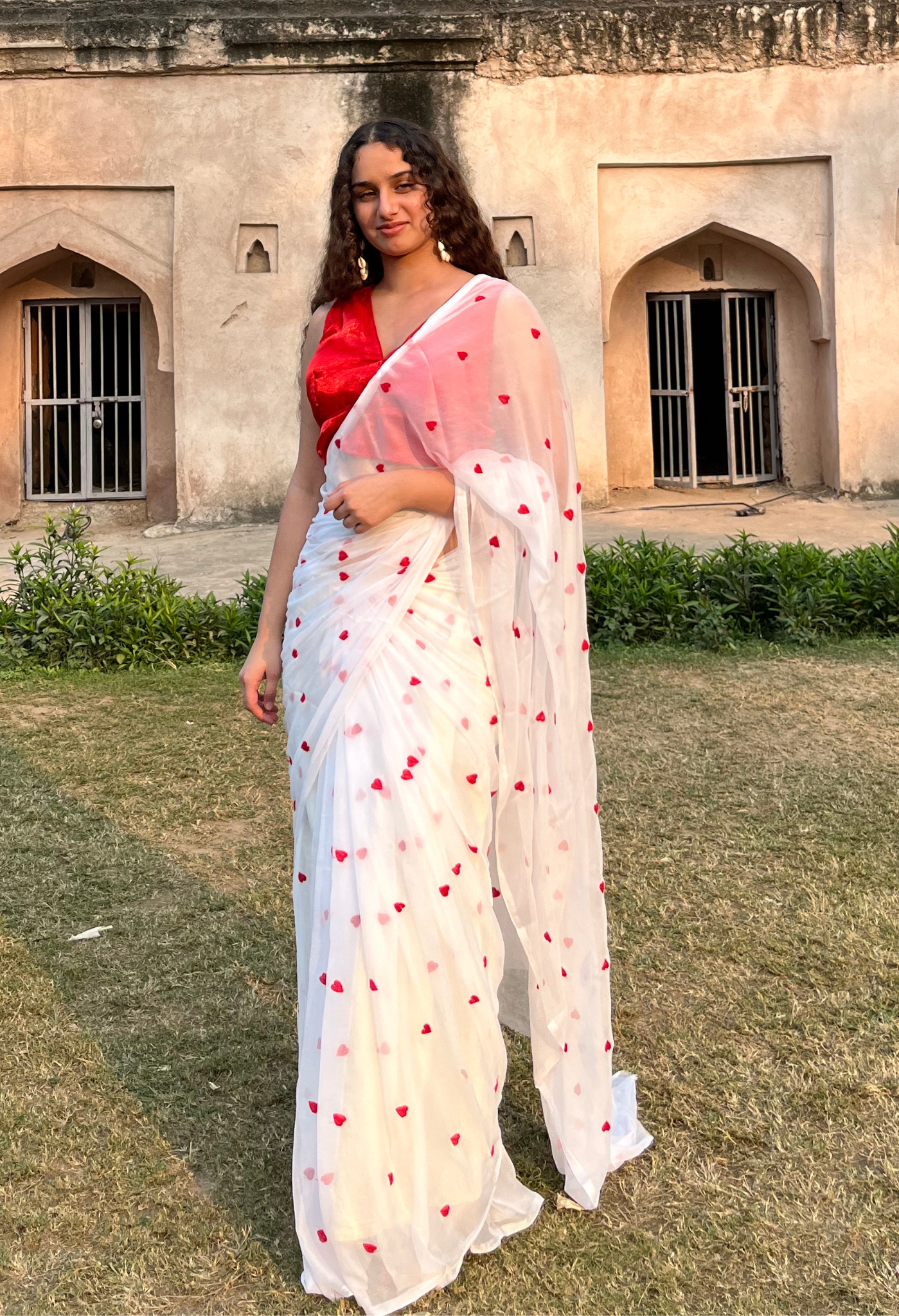 Red Heart Embroidered Sophisticated chiffon saree designed for festive wear, pre-wedding collection, versatile as party wear saree and trousseau saree.
