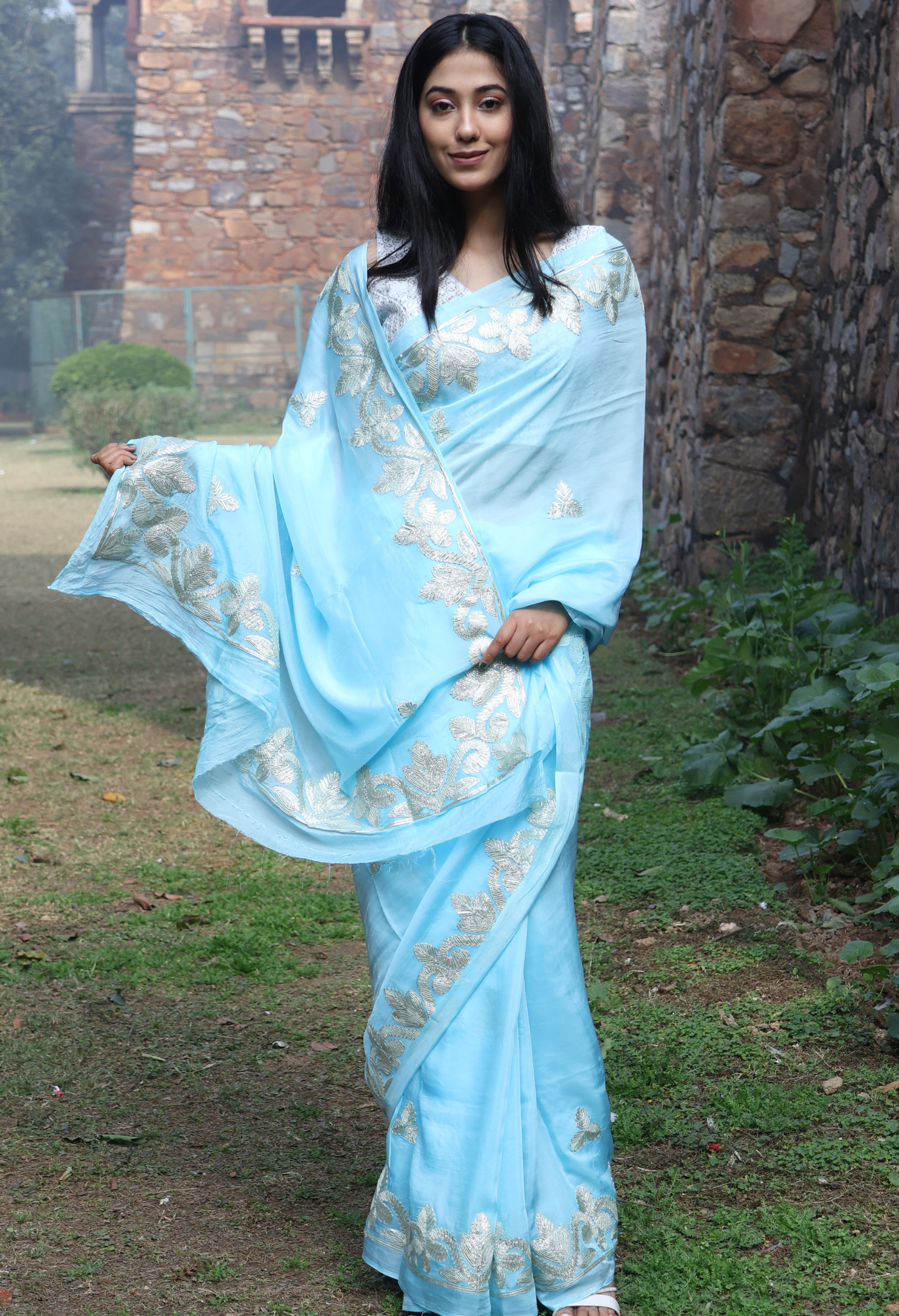 Aqua Pearl Silk Saree