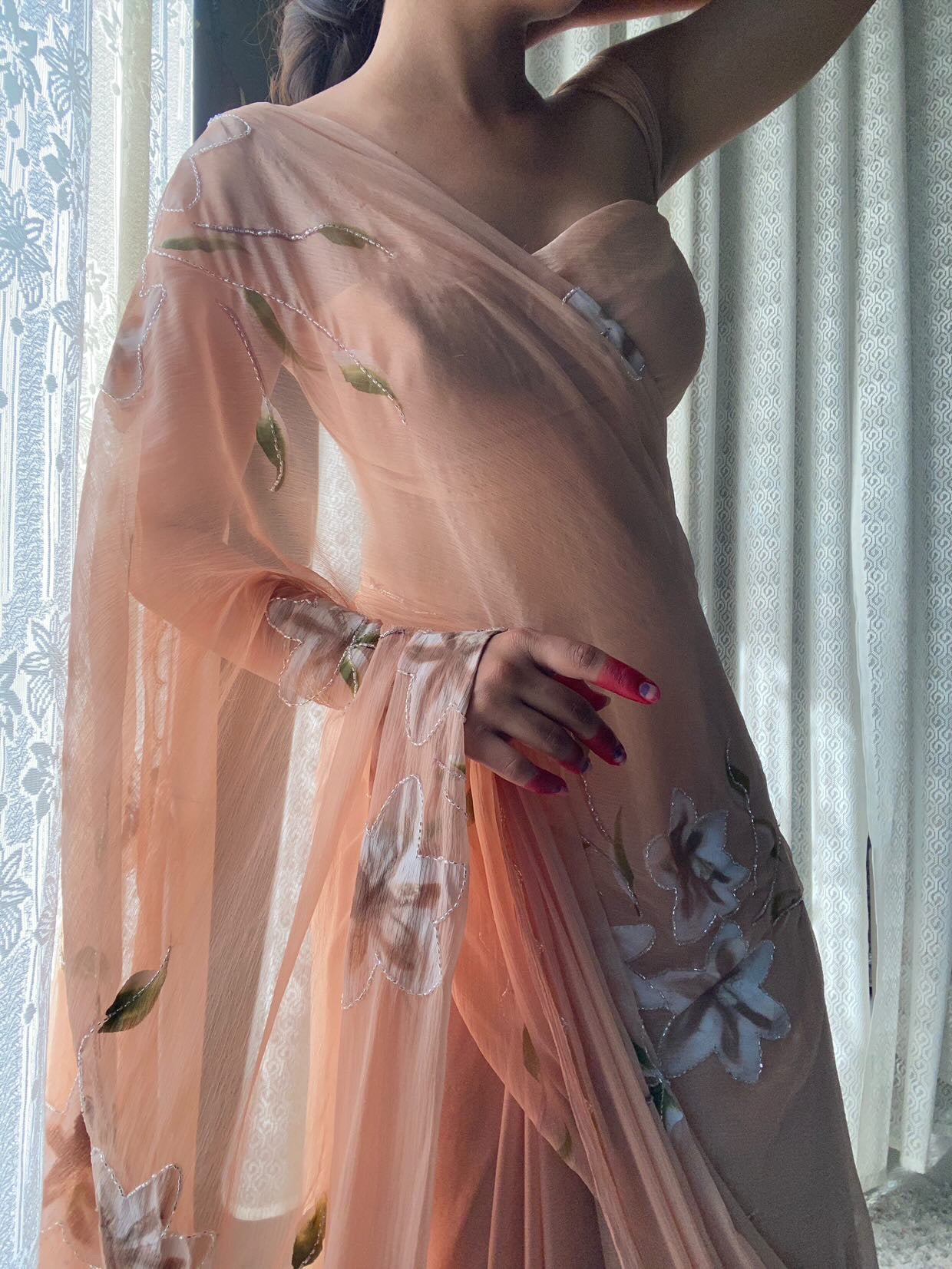 Almond Woody Hand Painted Chiffon Saree with Cut Dana Detailing