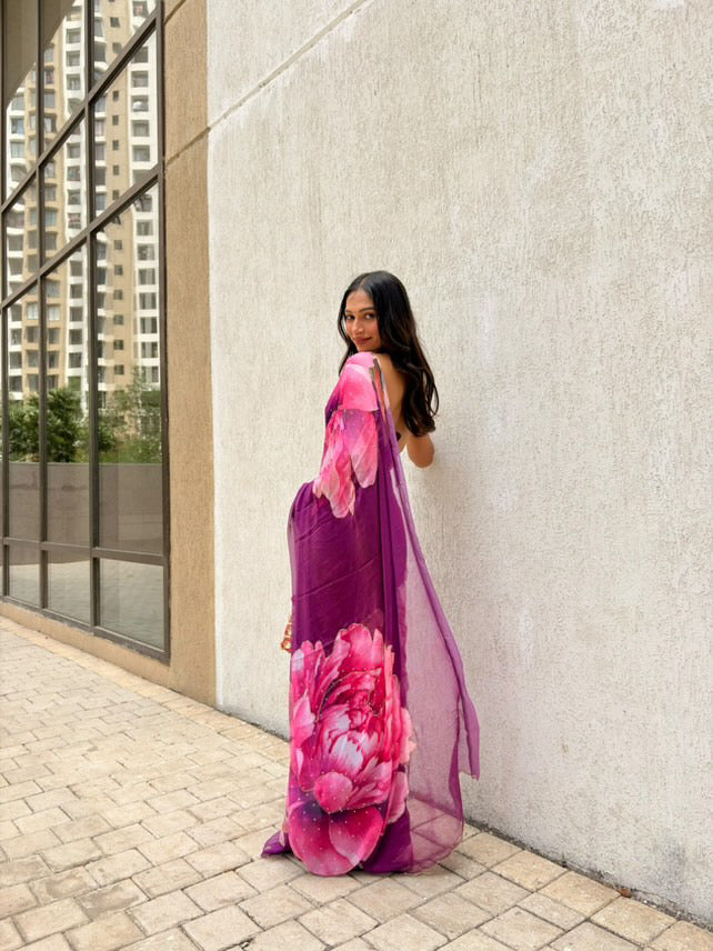 Persian Plum Floral Saree with Cut dana work and Scallop Border