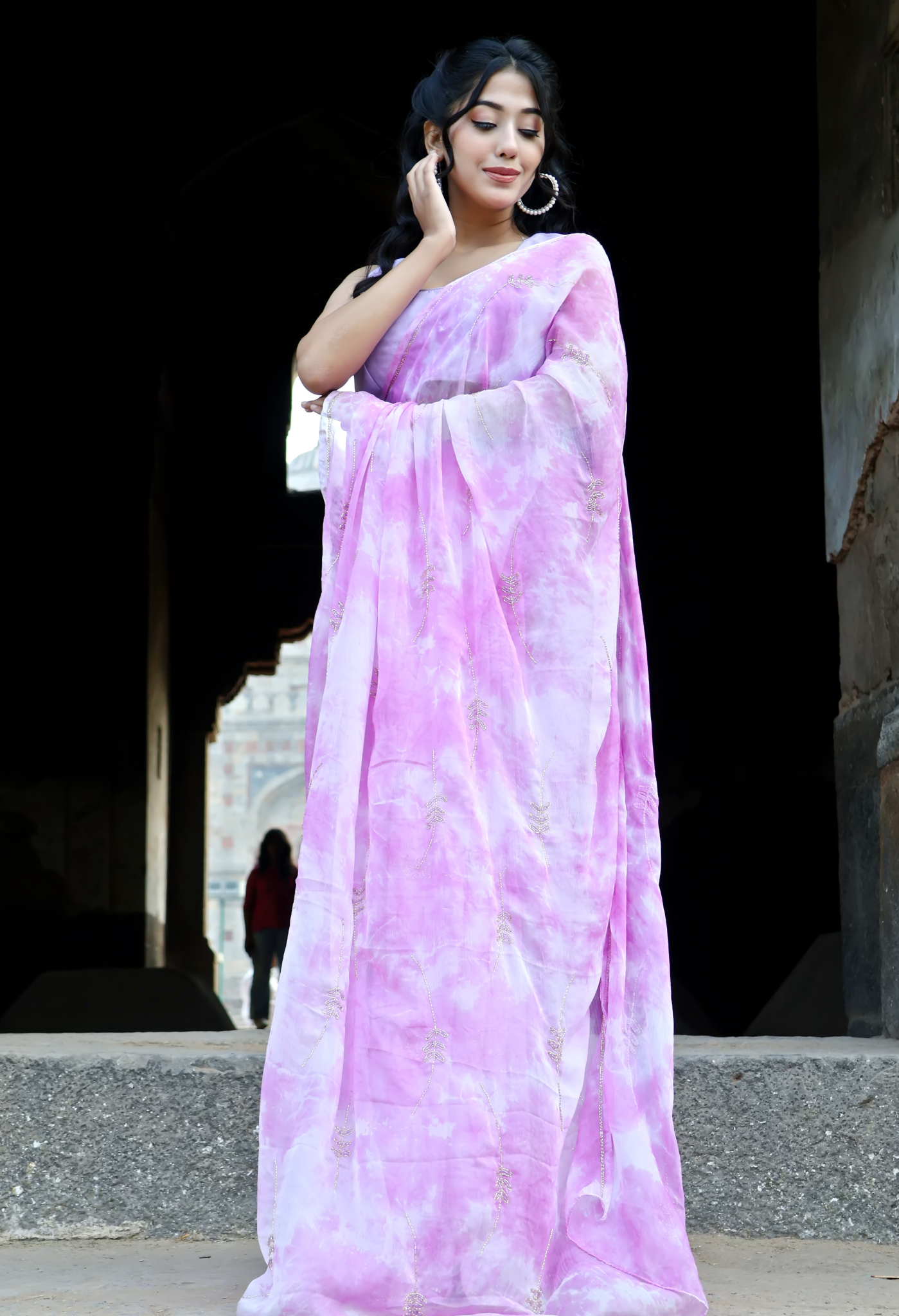 Rosey Lavender Embellished chiffon saree styled as festive wear, daily wear saree, and party wear saree, a versatile trousseau saree for weddings.