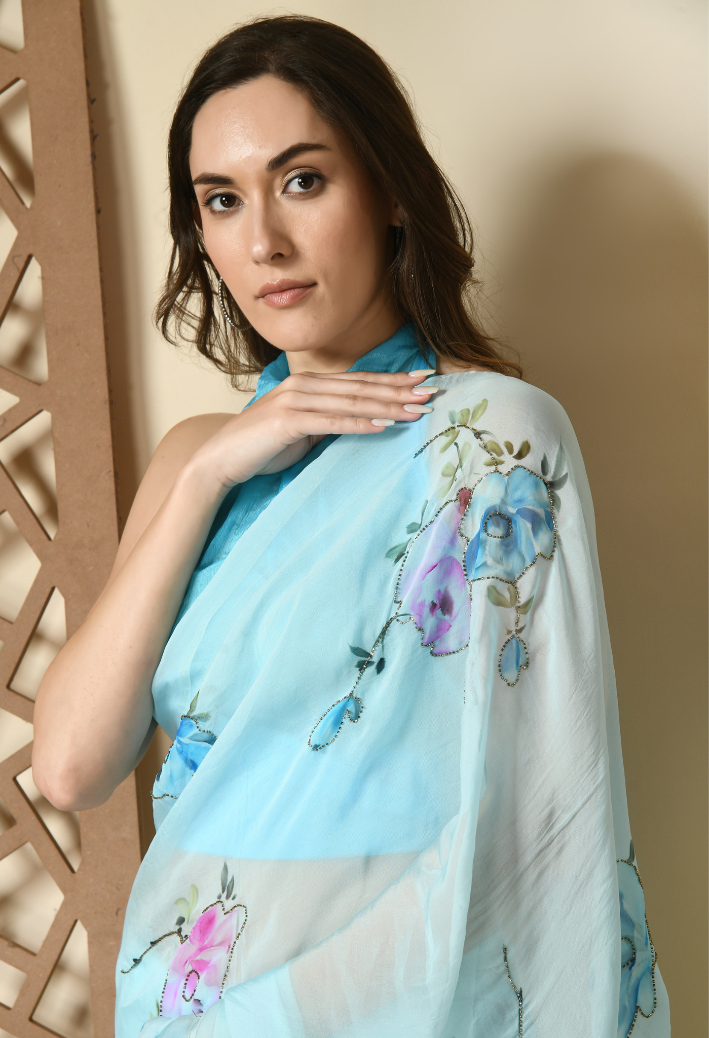 Pearl Aqua Hand Painted Organza Saree