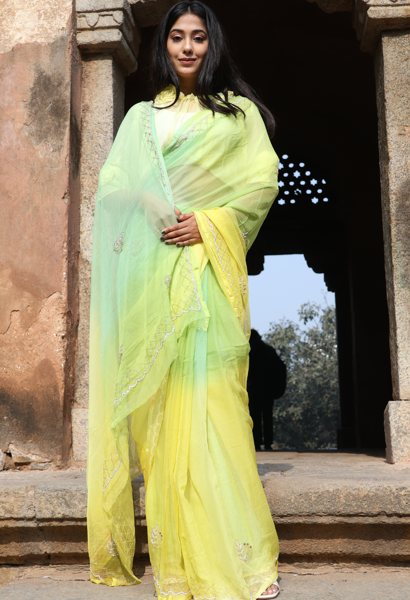 Lime Mellow Multi Hue Chiffon Saree