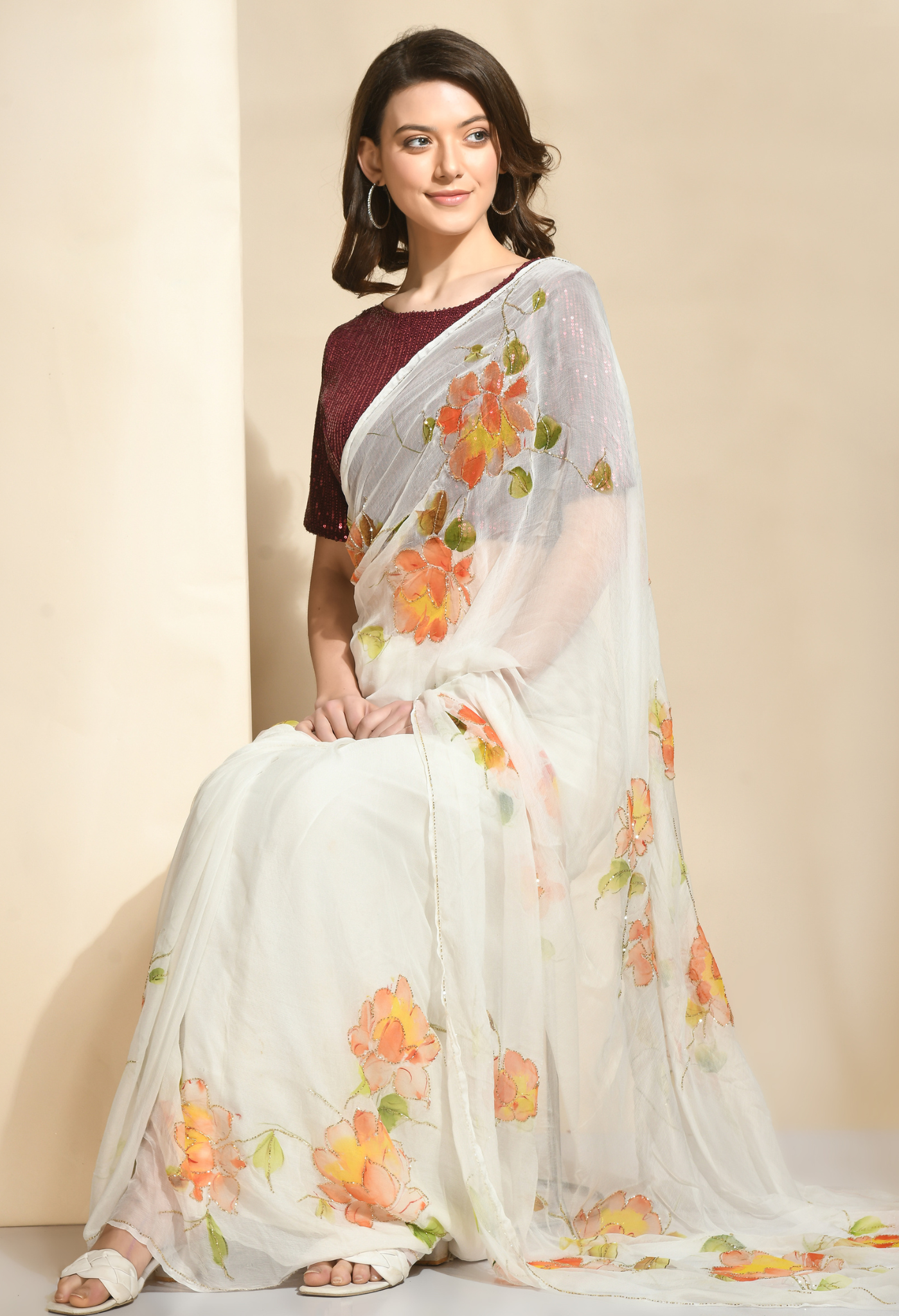 Peony Floral Hand Painted Organza saree for festive wear, trousseau saree, or farewell saree for timeless pre-wedding collection looks.