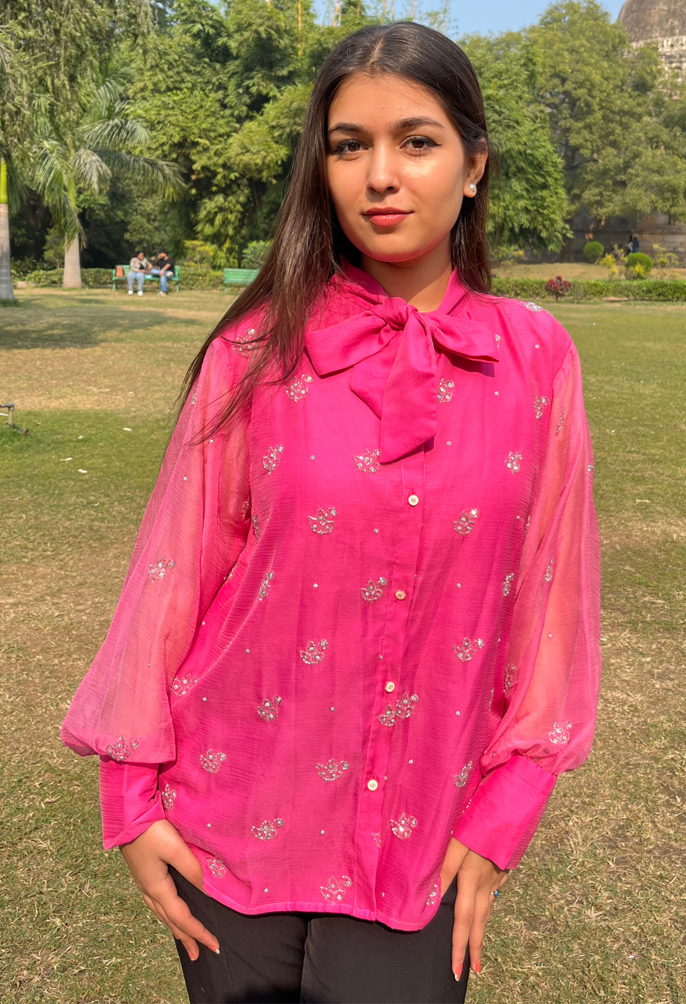 Hot Pink Chiffon Embellished Bow Shirt
