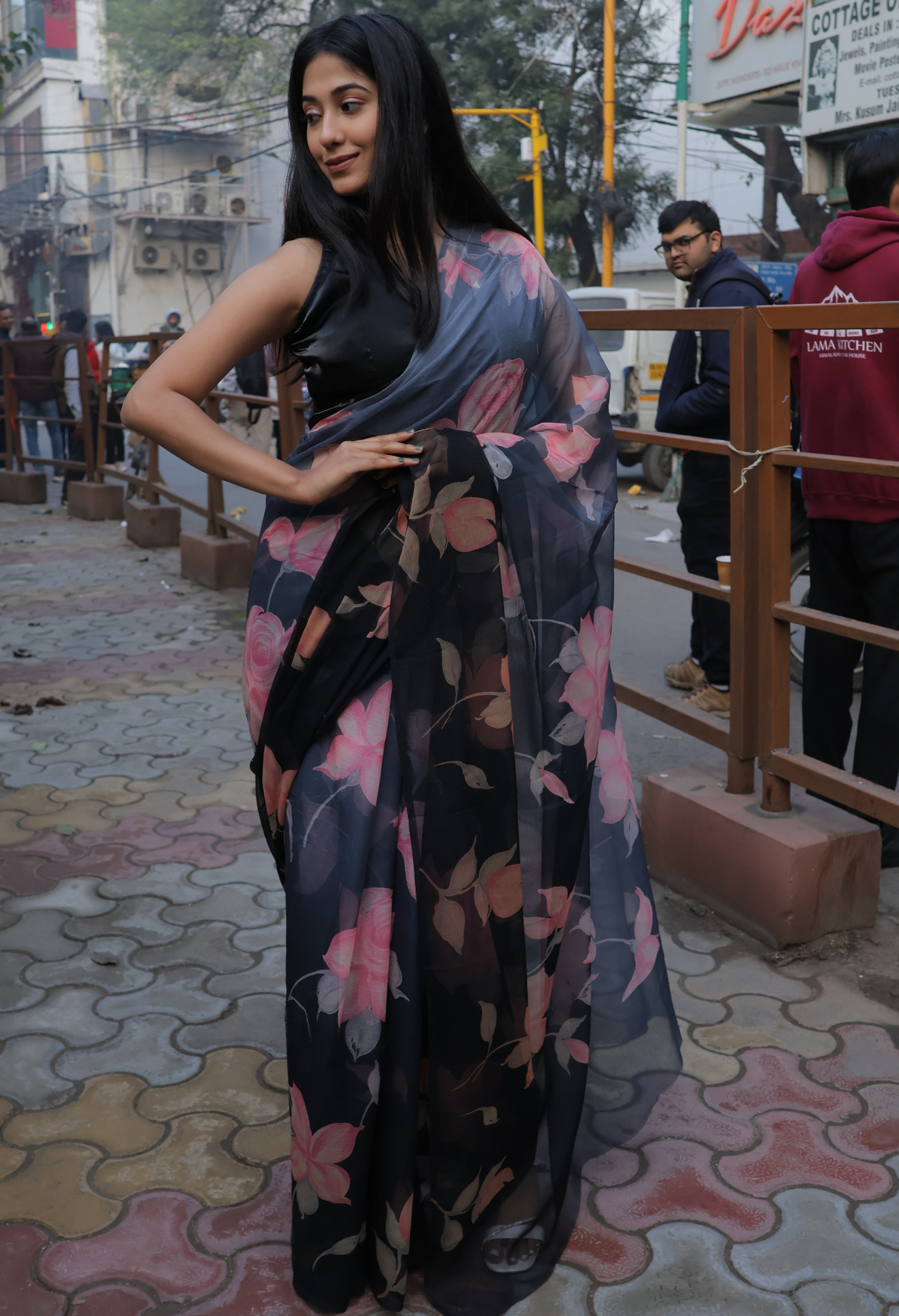 Thunder Black Floral Printed Chiffon Saree