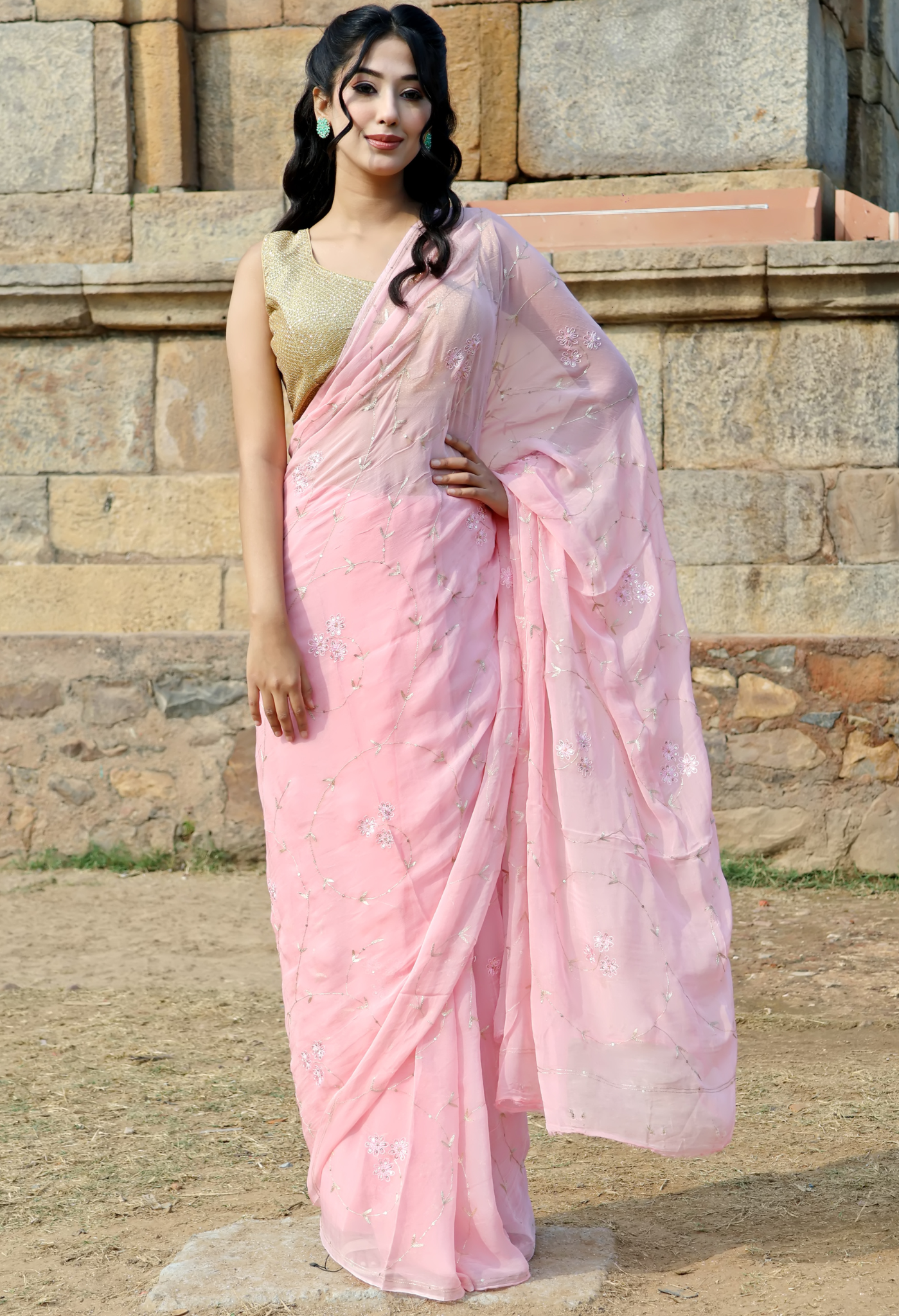 Pink Pearl Gold Embroidered Pure Elegant chiffon saree styled as festive wear, daily wear saree, and party wear saree.