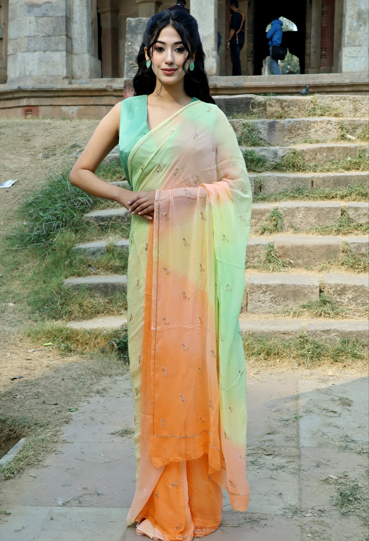 Apple Green Orange Hue Embellished Pure Chiffon Saree