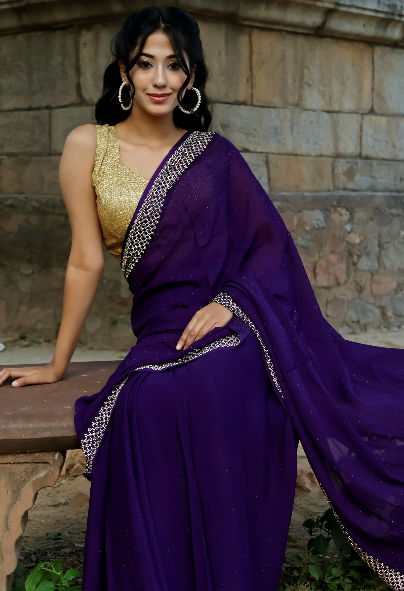 Elegant Rich Purple Swarovski Heavy Embellished chiffon leheriya saree for festive wear, trousseau saree, or farewell saree for timeless pre-wedding collection looks.