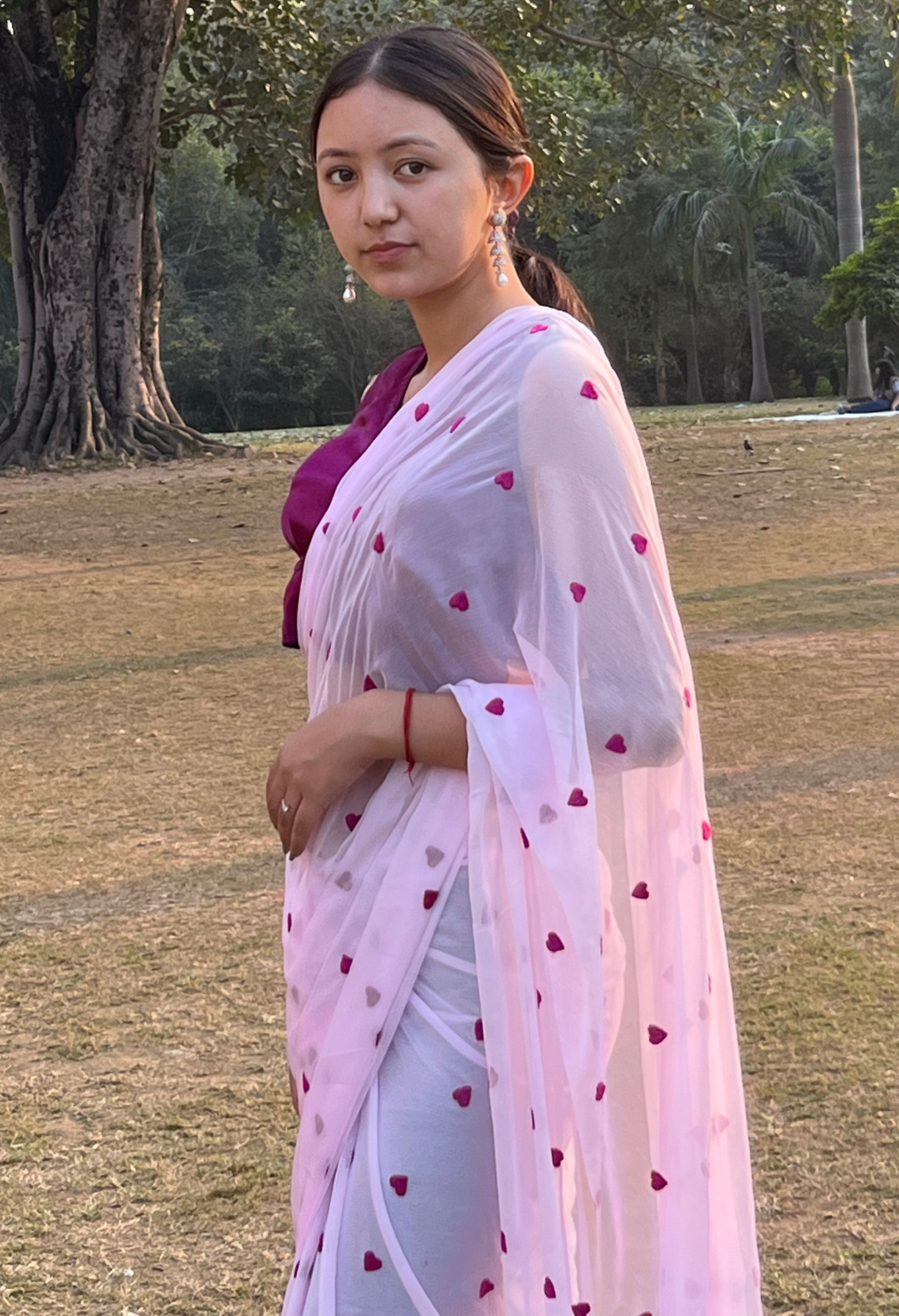 Sweetheart Pink Embroidered Chiffon saree design showcasing festive wear elegance, styled as casual saree, party wear saree, and timeless trousseau saree.