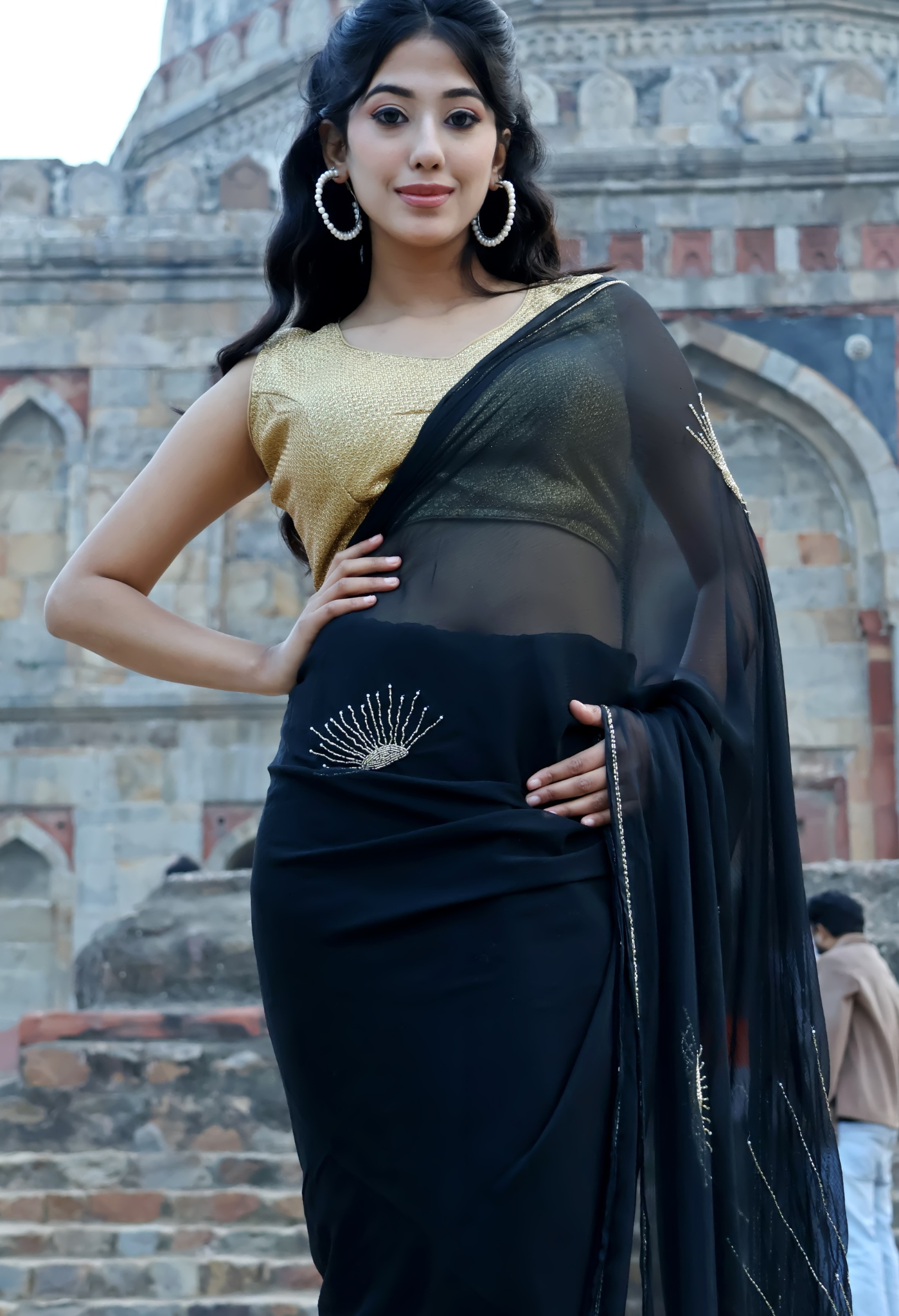 Moon Light Midnight chiffon saree styled as festive wear, daily wear saree, and party wear saree, a versatile trousseau saree for weddings.