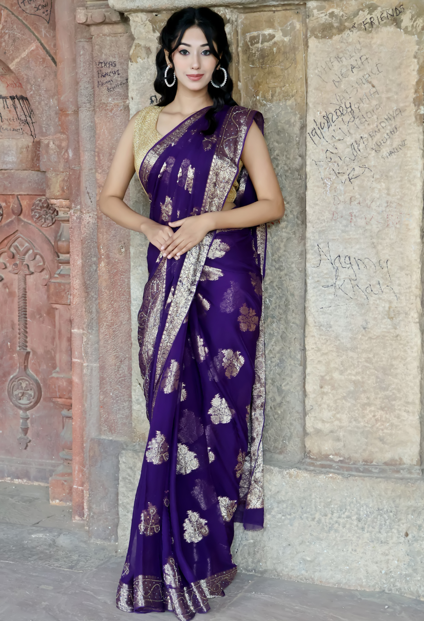 Elegant Dark Purple Banarasi chiffon leheriya saree for festive wear, trousseau saree, or farewell saree for timeless pre-wedding collection looks.