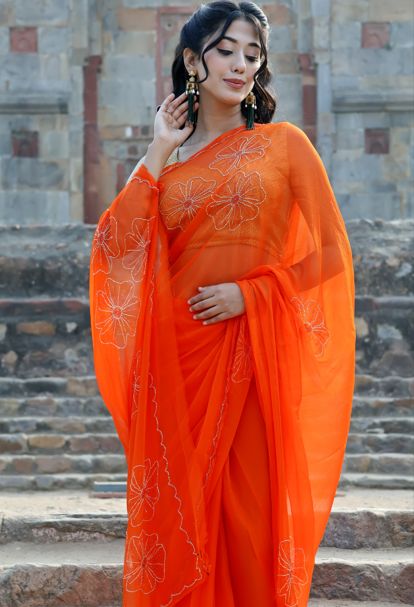 Elegant Princeton Orange Embellished chiffon leheriya saree for festive wear, trousseau saree, or farewell saree for timeless pre-wedding collection looks.